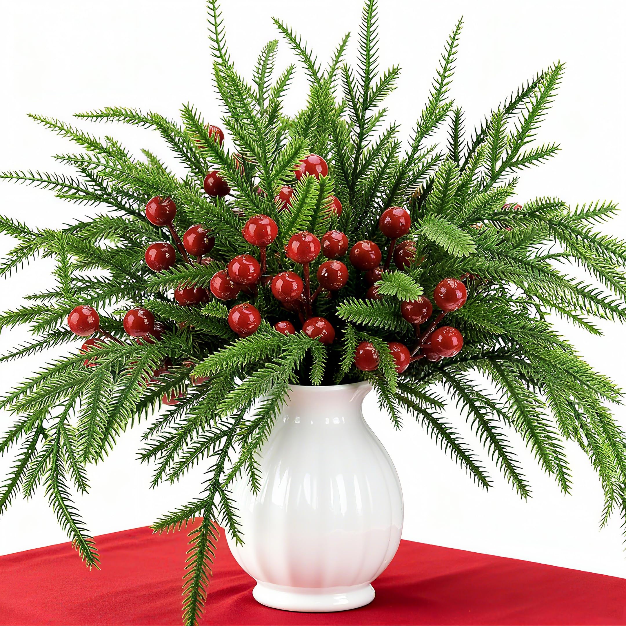 Faux feuillage de pin artificiel de Noël avec tige de baie rouge pour décoration DIY