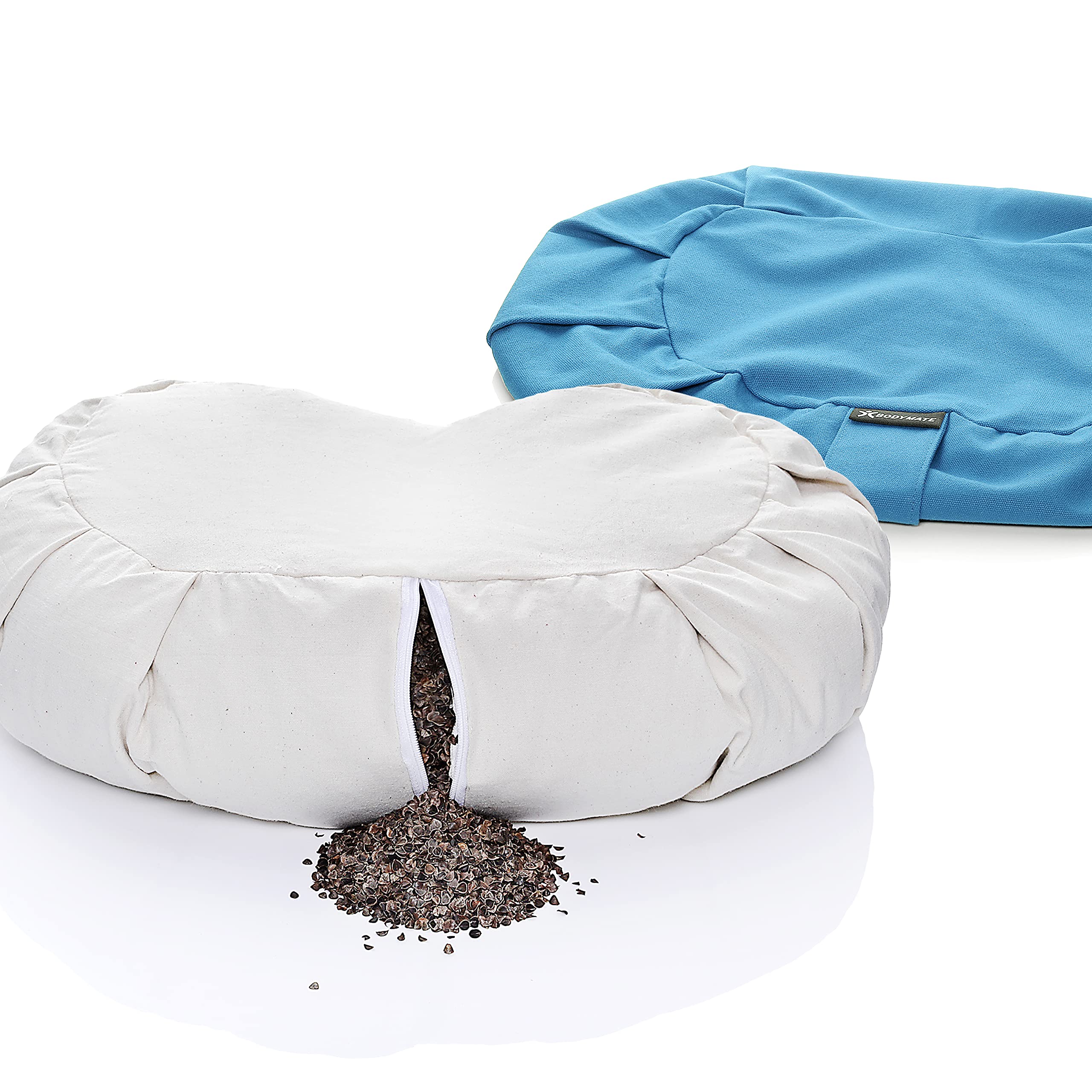 BODYMATE Halbmond Yogakissen 42cm lang 30cm breit und 15cm hoch mit Buchweizen-Spelz Füllung – Maschinenwaschbarer Bezug aus 100% extra dicker Baumwolle – Meditationskissen – Sitzkissen