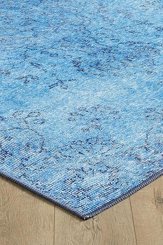 Miniatura 6 de Woolknot ENC1092 - Alfombra vintage azul para sala de estar, alfombra floral, turquesa, pequeña, lavable, bohemio, alfombra estampada envejecida con