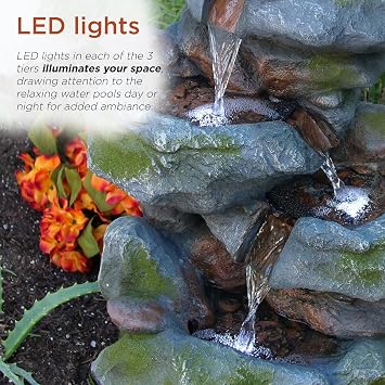 Alpine Corporation 22 Tall 3-Tier Outdoor Rock Waterfall Fountain with LED Lights, Natural Stone Look for Garden, Patio, Yard & Porch Decor, Gray