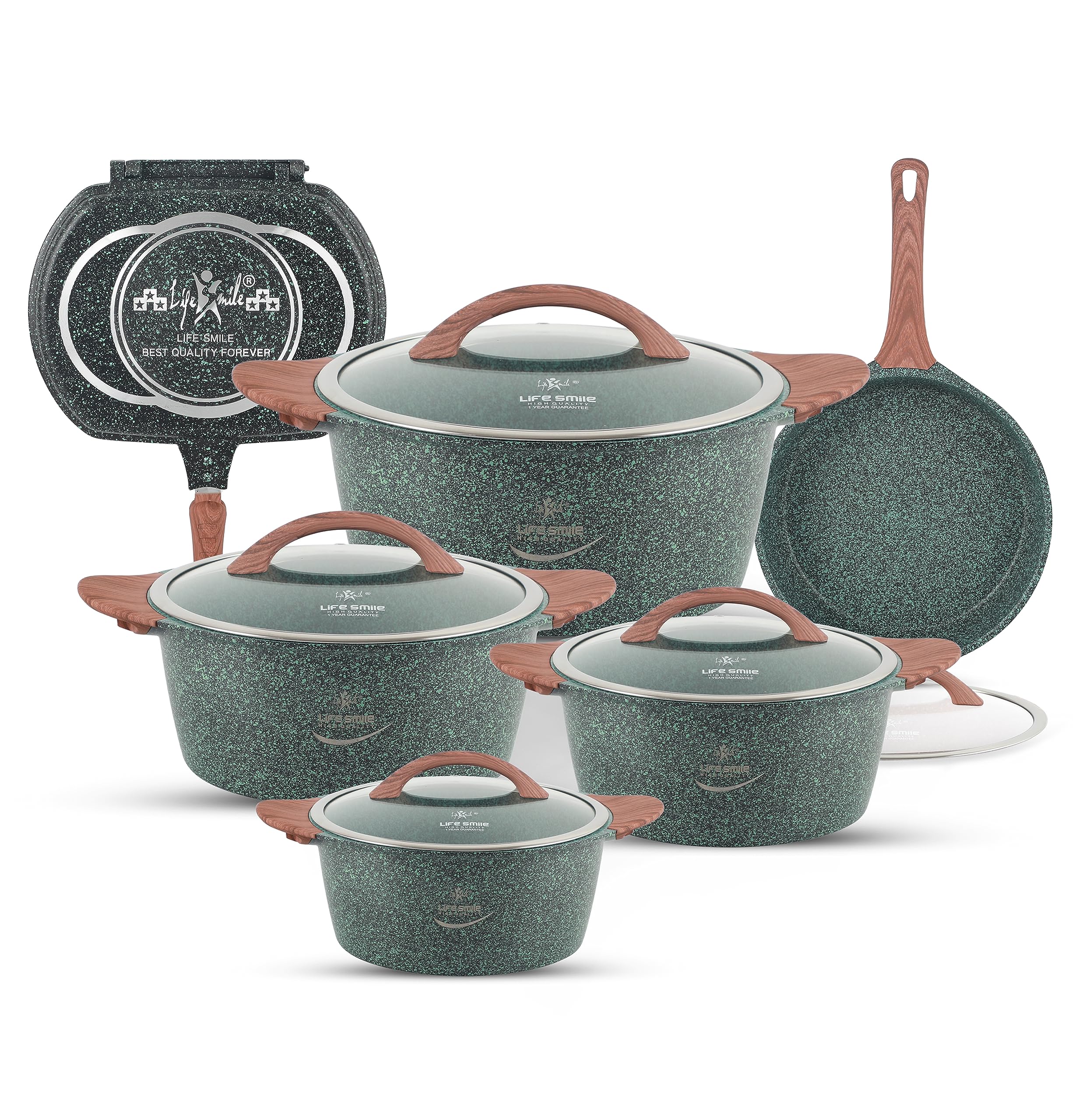 Cookware Set 12 pieces - LIFE SMILE Pots and pans set Induction Base, Granite Non Stick Coating 100% PFOA FREE, Die Cast aluminum Body include Casseroles & Fry pan & Double Grill pan (Green)