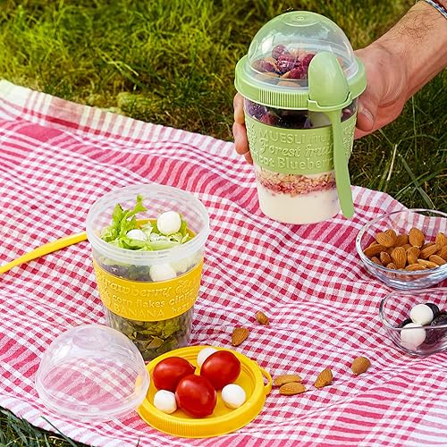 Miniatura 8 de Tazas de yogur para desayuno, avena o fruta, cuenco y cuchara para lonchera, portátil y reutilizable, 2 unidades (verde y amarillo)
