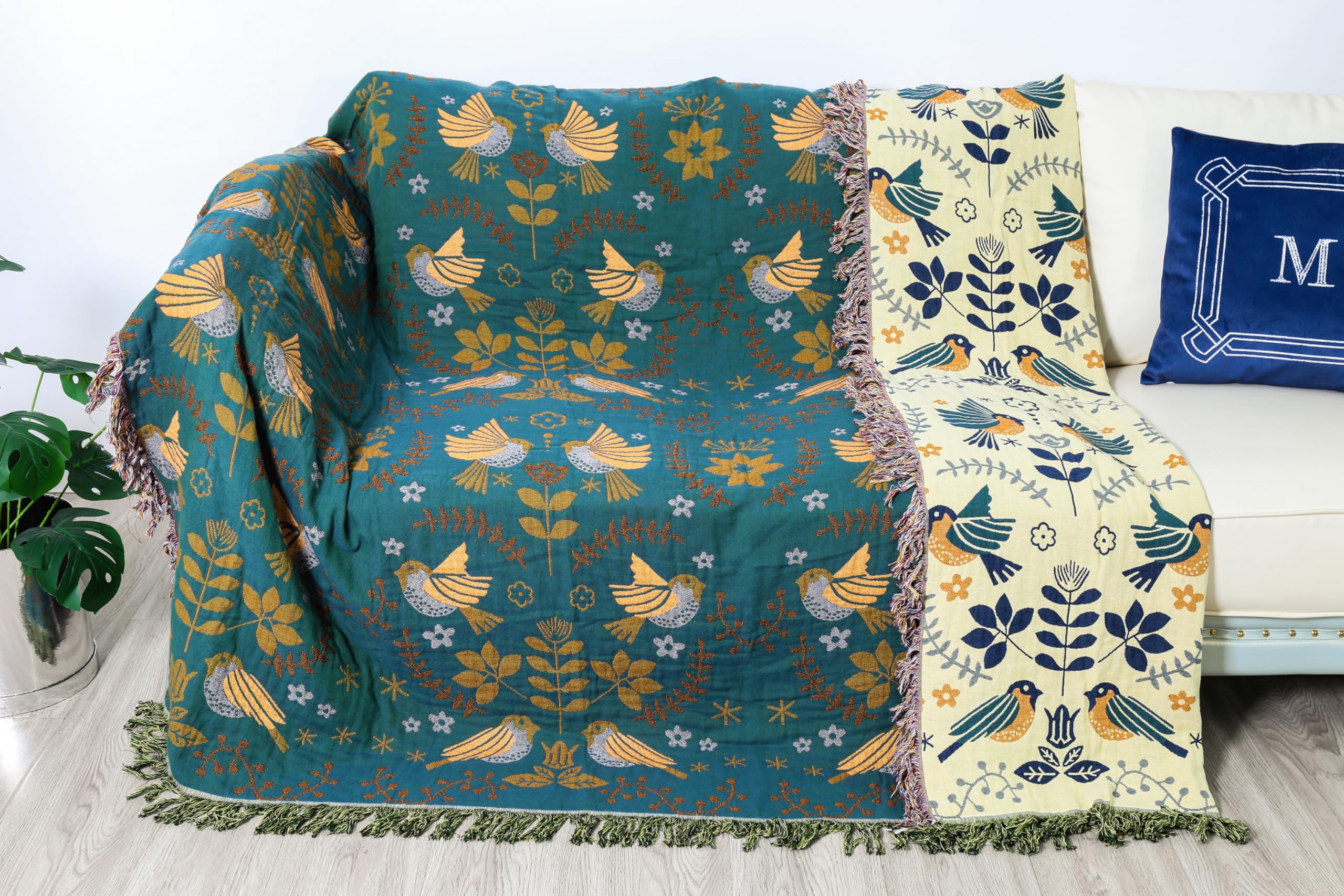 Large Boho Bedspread Throw Blanket，Double-Sided Pure Cotton Warm Thick Sofa Blanket with Tassel for Armchair Sofa Double Bed Settee Bedspread Outdoor Throw Blanket (B-Blue Bird, 90"x98")