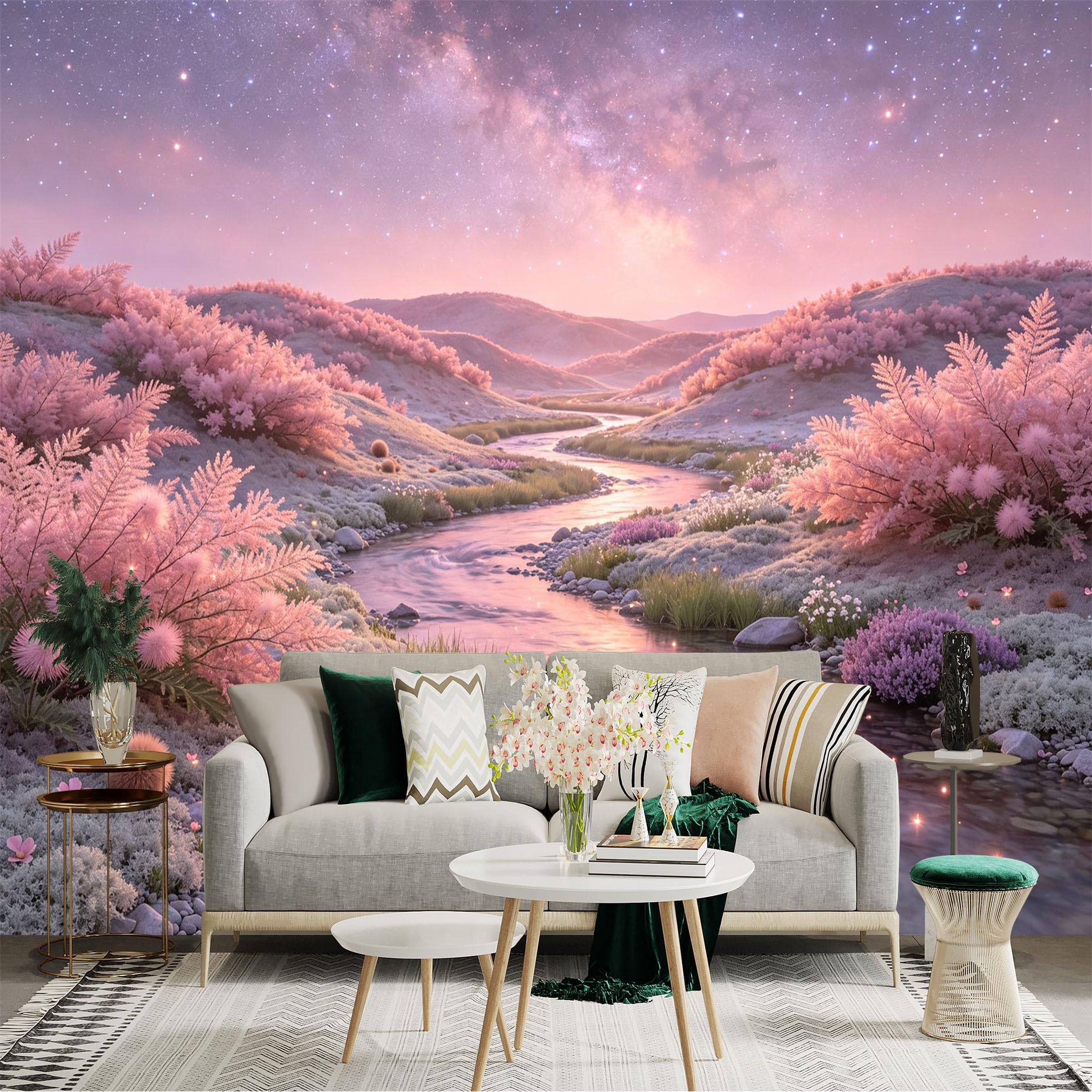 Lnzczhyre Bh260719754 Custom Size Wall Sticker Mural， Pink Misty River Landscape， Enchanted Floral Valley， Dreamy Galaxy Sky， For Wall Decoration， Peelandstick Wall Decals.