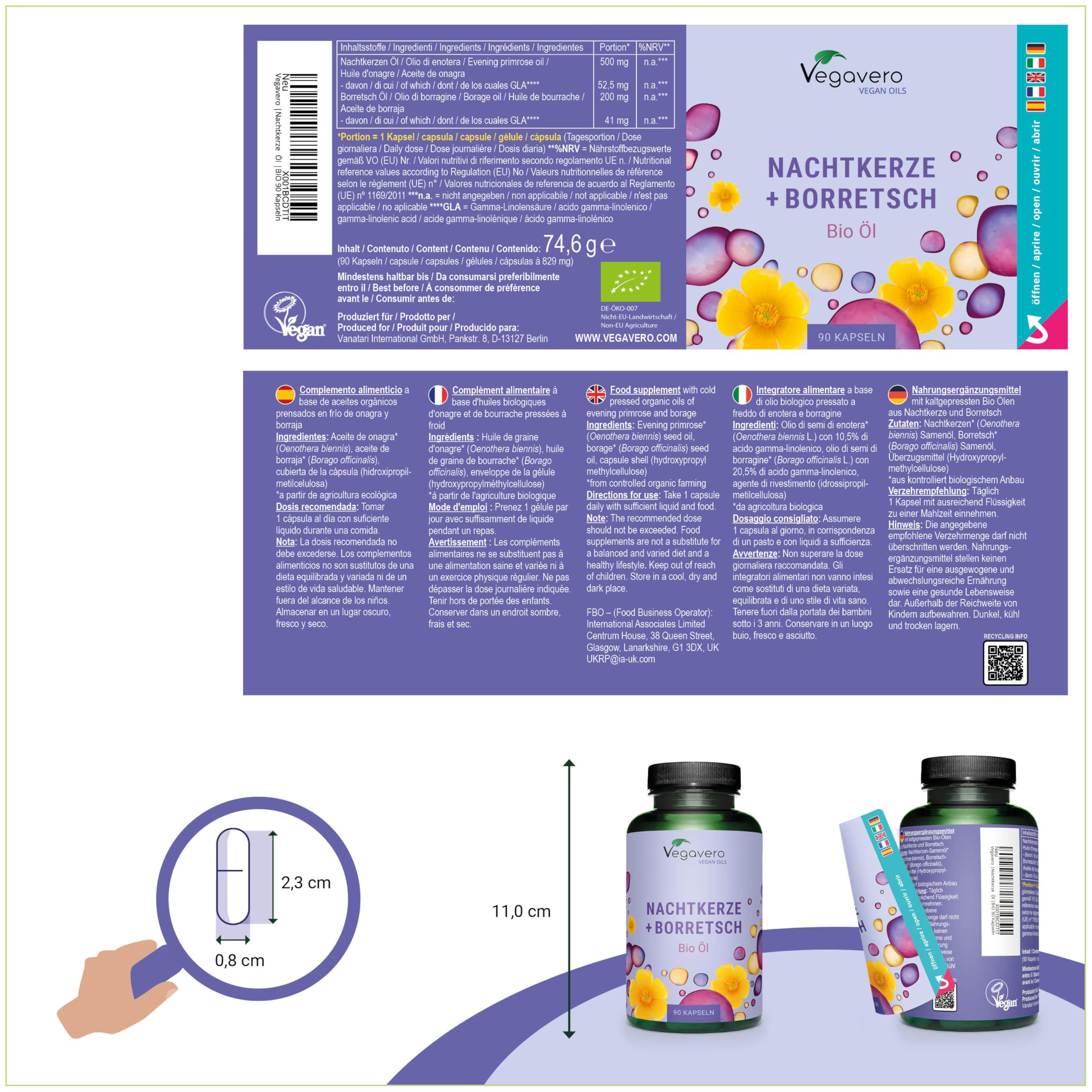 Evening Primrose Oil Vegavero | El único Vegano & Orgánico | Aceite de Onagra Y Borraja | Acné + Psoriasis + Eczema | Con Omega 6 | Prensado en Frío | Sin Aditivos | Onagra 500 mg | 90 Perlas