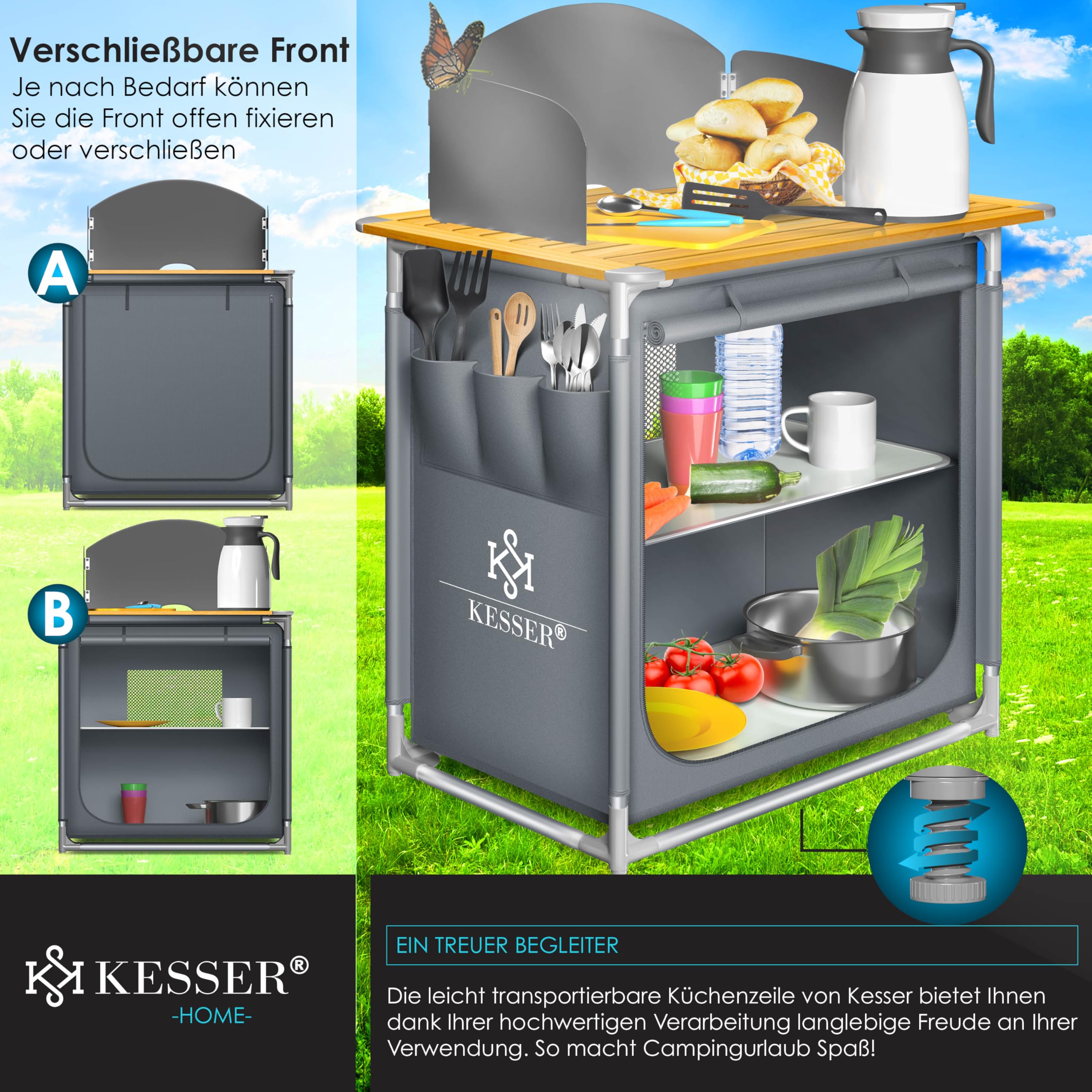 KESSER® Cucina da campeggio, con borsa per il trasporto e set di bicchieri, armadietto da campeggio pieghevole, con struttura in alluminio, cucina da viaggio, armadietto da tenda, cucina da campeggio,