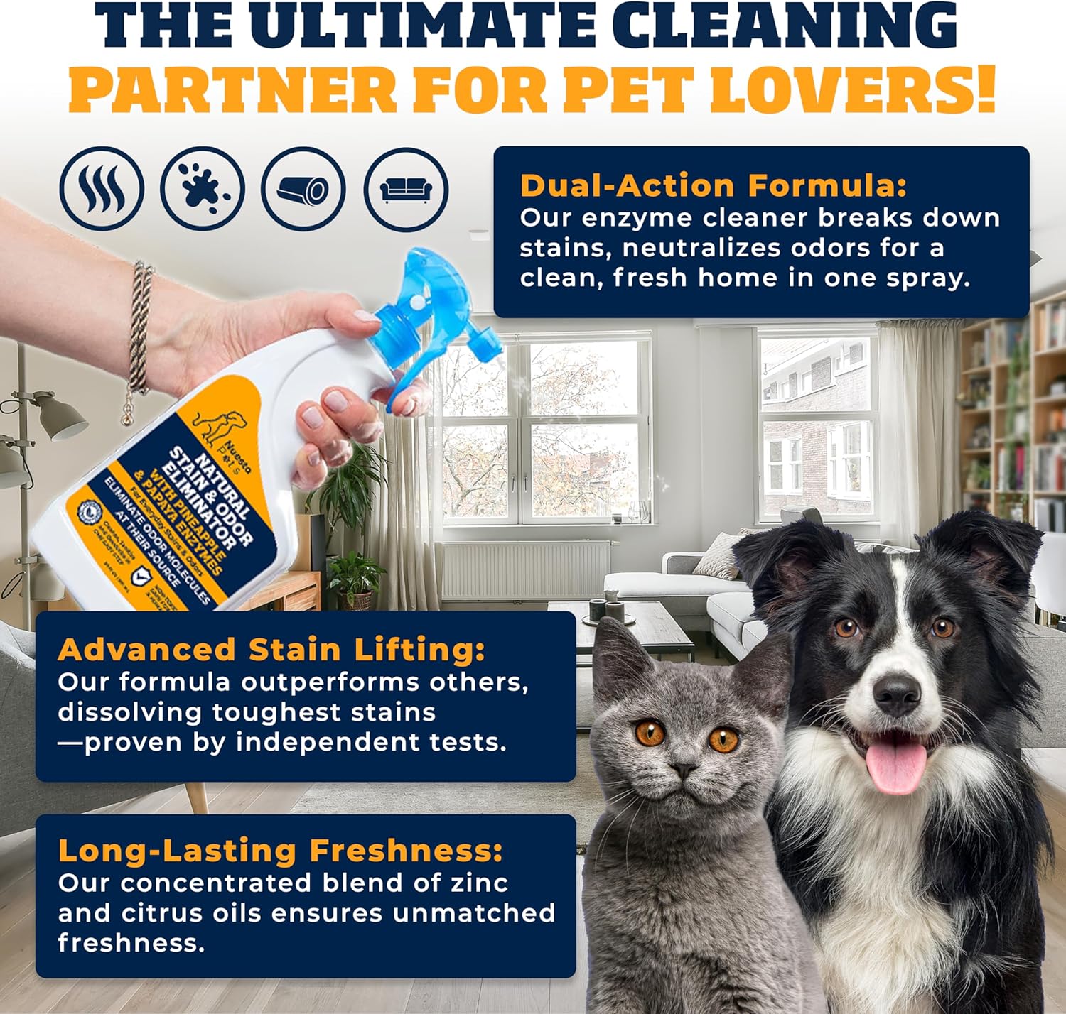Pineapple & Papaya Enzyme Pet Stain & Odor Eliminator | Neutralize Tough Stains & Odors | Expert Cleaning Formula | Indoor Cats & Dogs | 2-pk. 20-oz bottles - Nuesta Pets