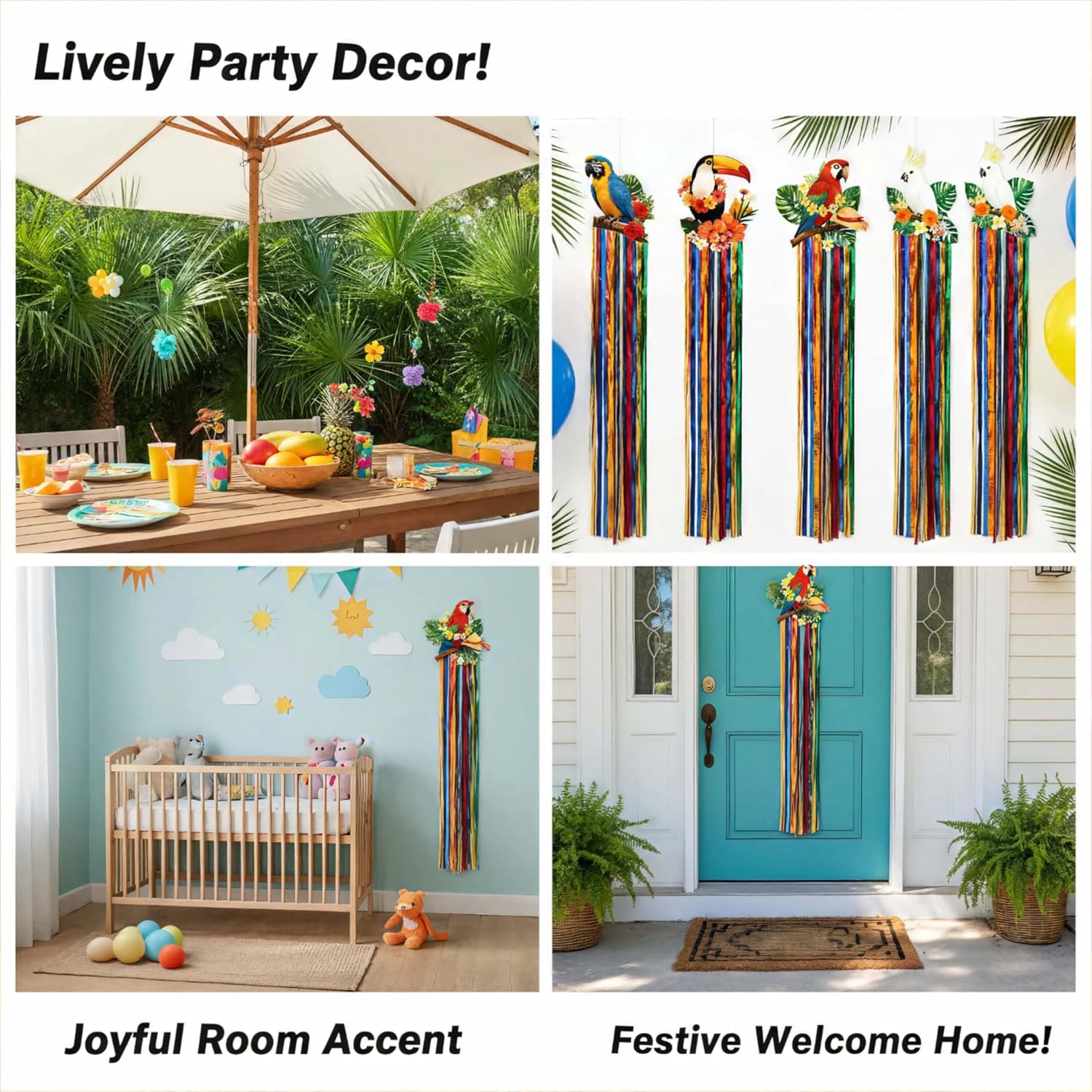 8 Pcs Tropical Birds with Tassels Party Decorations Set, 3.3 ft Toucan Leaf Garland, Hawaiian Luau Tiki Jungle Theme, Birthday & Beach Party Supplies