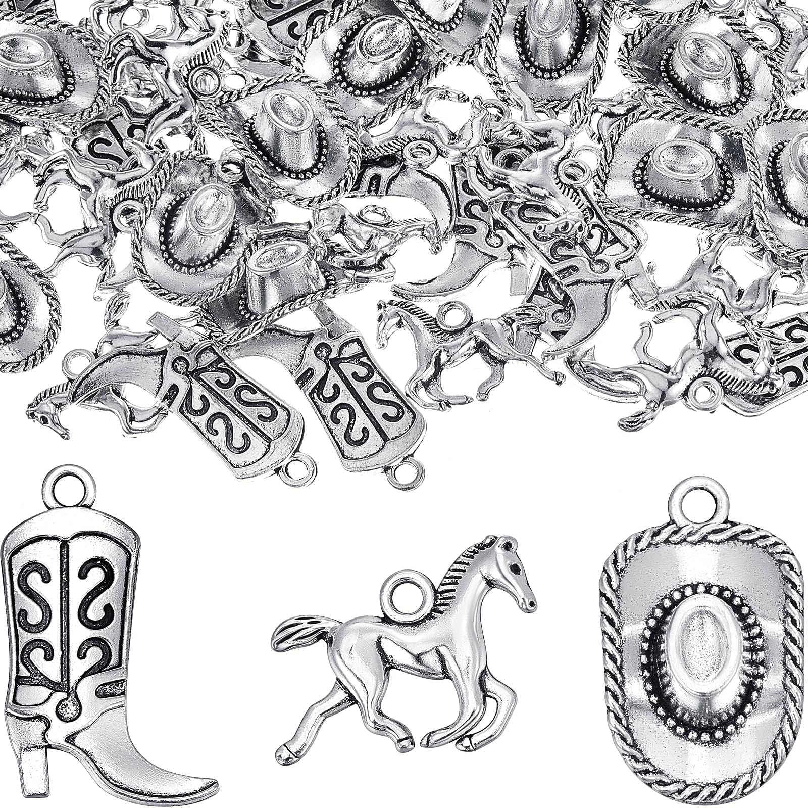 Junkin 90 Pieces Western Cowboy Charms for Jewelry Making Pendants Alloy Antique Boot Hat Silver Horse Cowboy Mini Cowgirl Charms for Earrings Bracelet Necklace