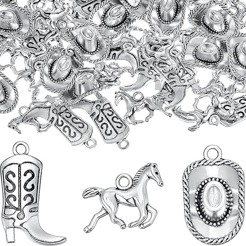 Junkin 90 piezas Western Cowboy Charms Colgantes Aleación de Plata Antigua Charms Caballo Cowboy Boot Hat Colgante Charms Mini Cowboy Charms para