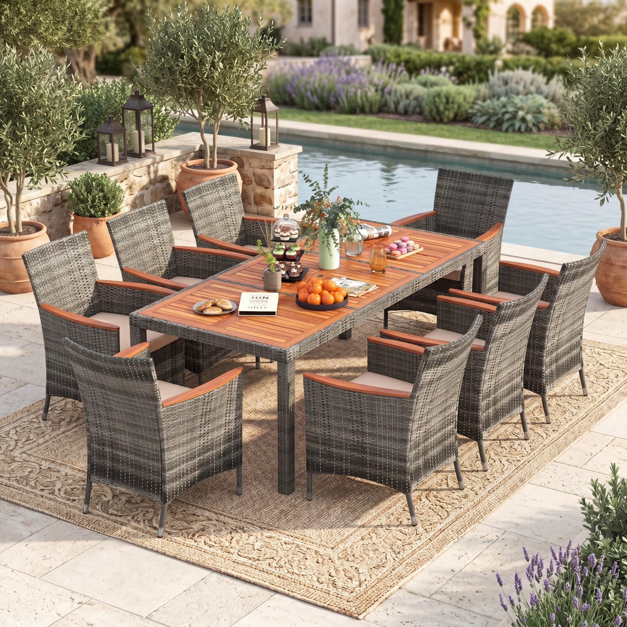 GIANTEX Set di mobili da giardino 9 pezzi, tavolo e sedie in rattan, grigio