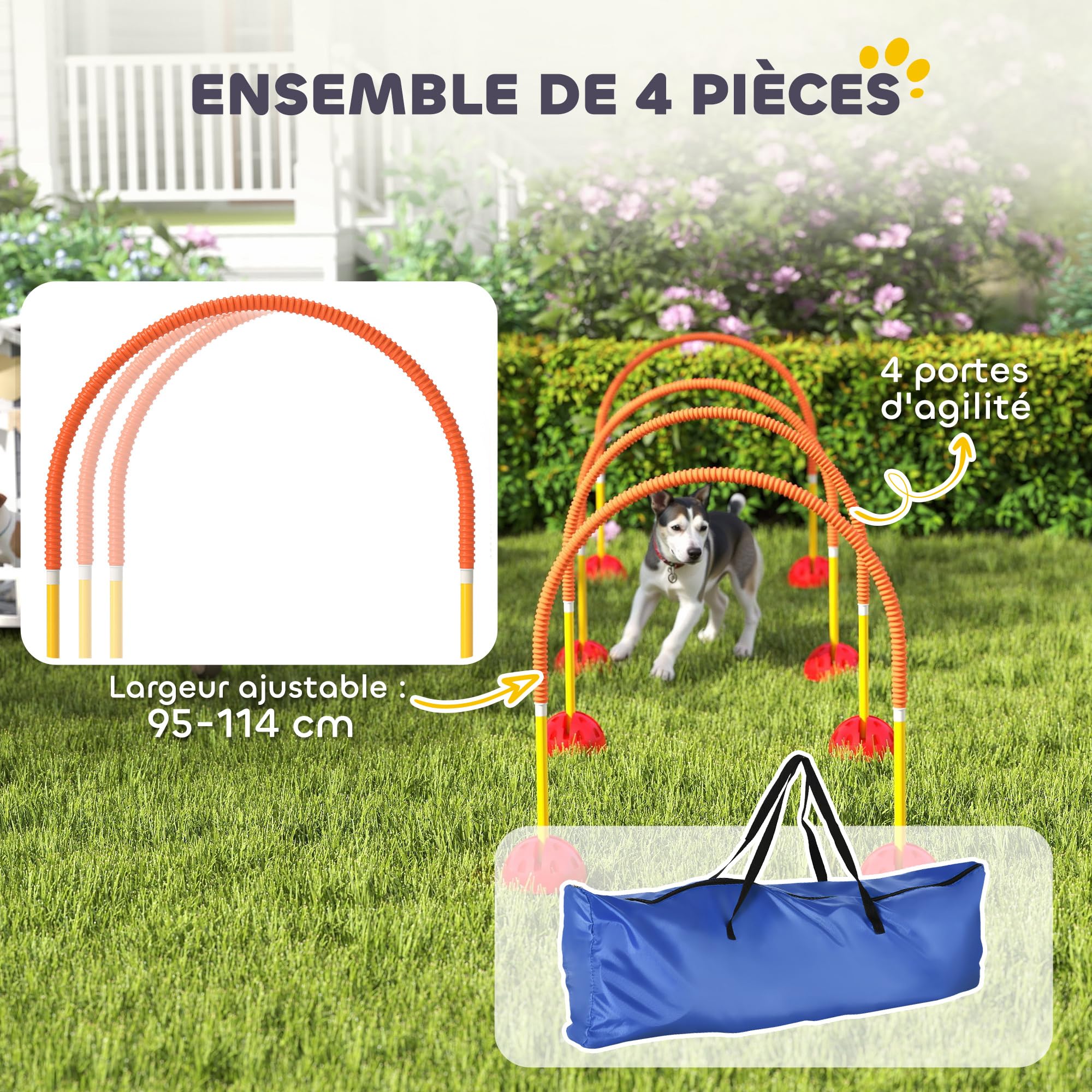 PawHut Kit d'équipement d'agilité pour Chien, kit d'agilité pour Chien avec 4 Portes à Largeur réglable, Sac de Transport, Assemblage Facile, Agility à Chien Portable, Jaune et Orange