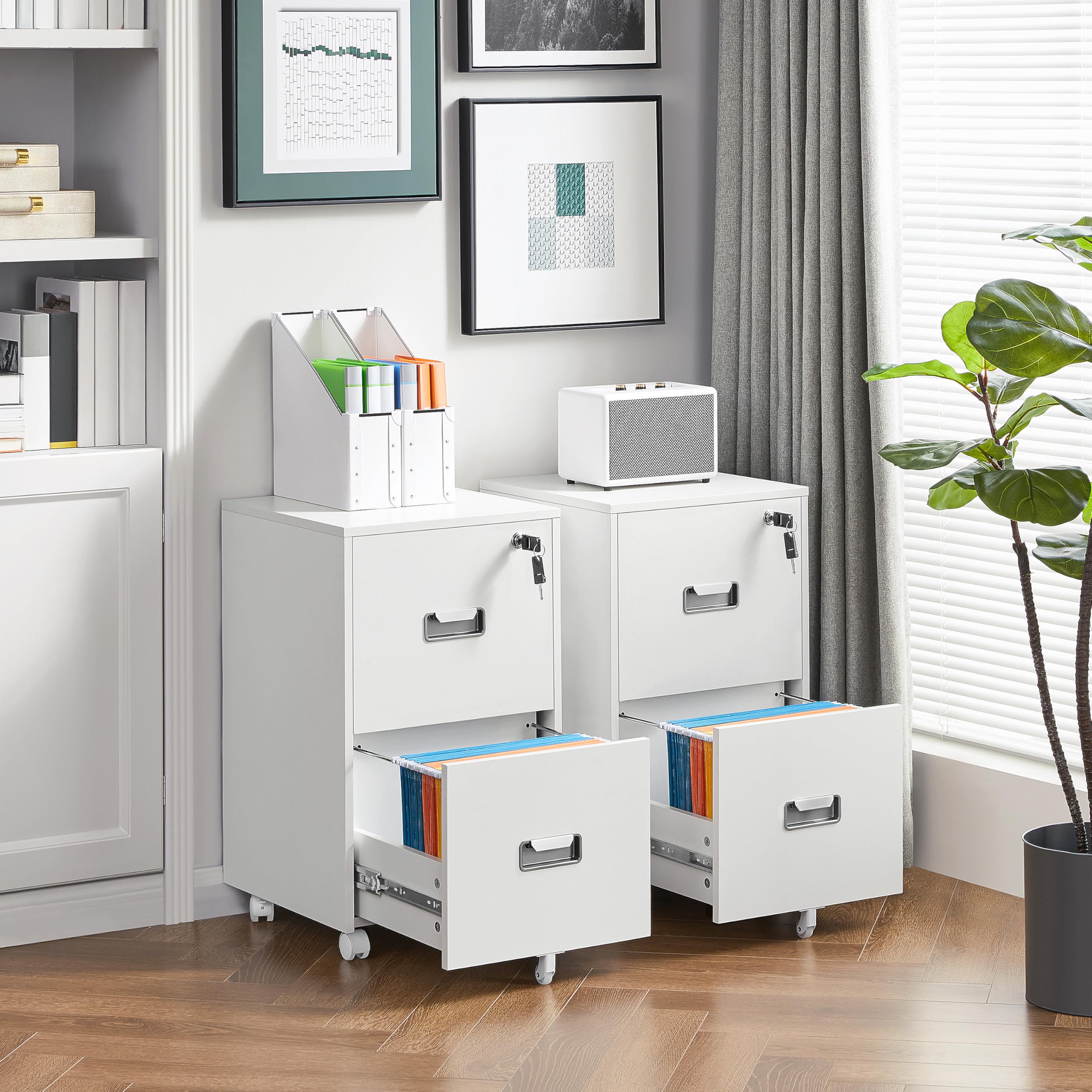 Yaheetech Rollcontainer, Aktenschrank, abschließbare Büroschrank mit Hängeregistratur und 2 Schubladen für Arbeitszimmer/Büro/Wohnzimmer Weiß