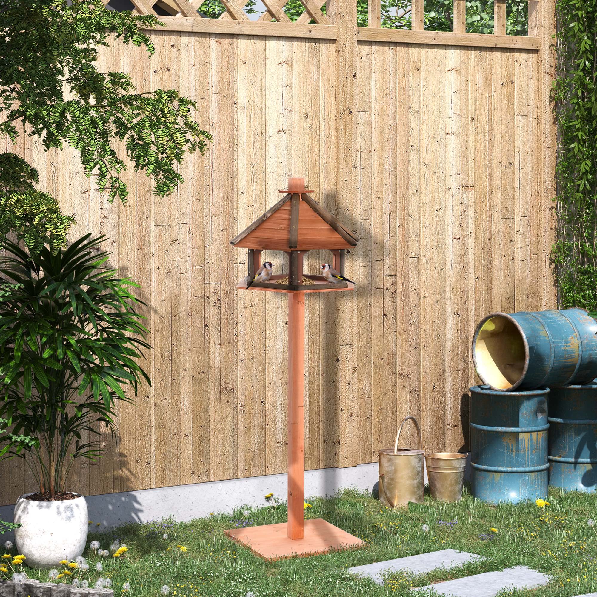 PawHut Comedero para Pájaros de Pie de Madera Maciza Ø52x130 cm con Techo Alimentador de Aves Silvestres Jardín Natural