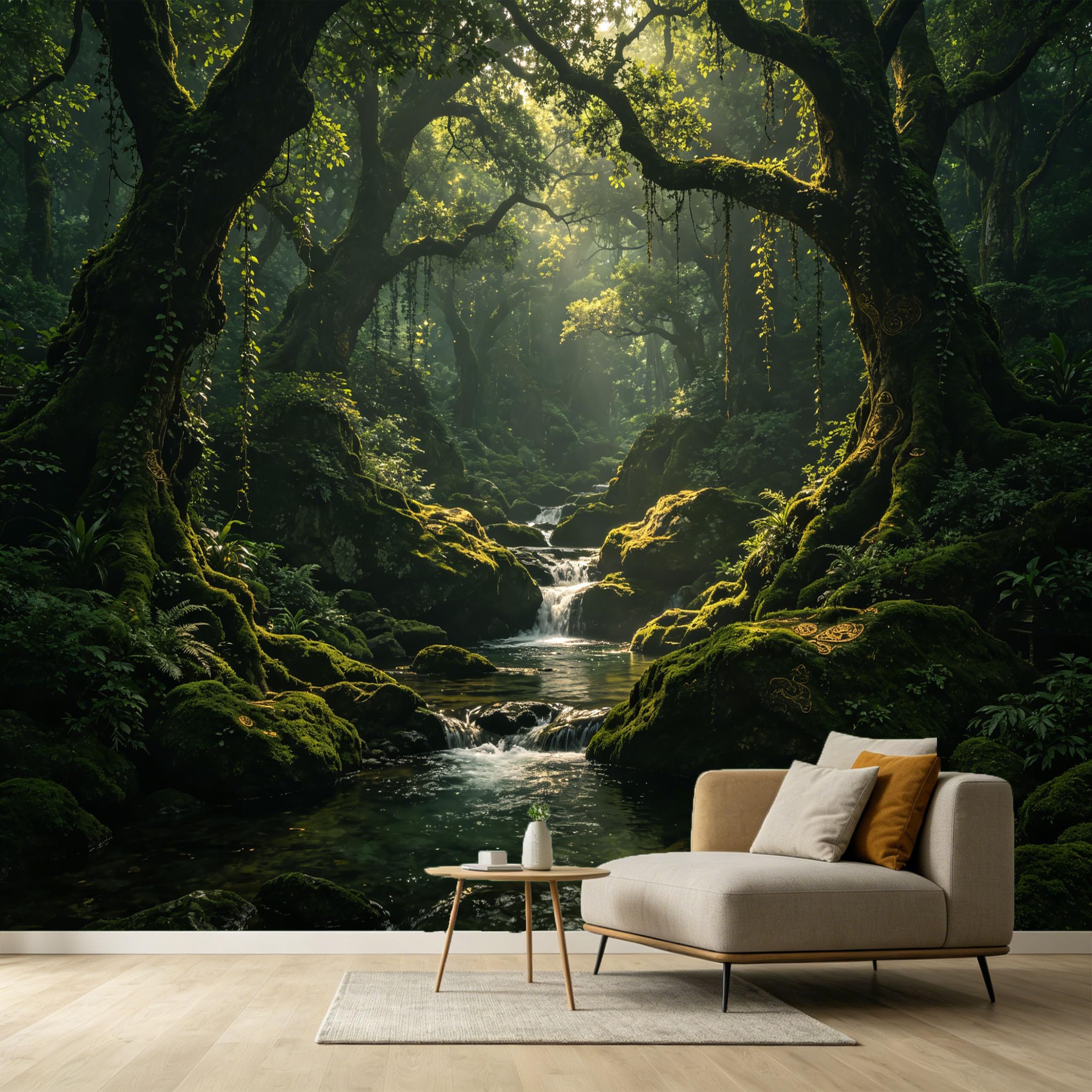 Custom Size Wall Murals Forest Creek Landscape Modern 3D Trompe L'Oeil Ancient Trees Mossy Stones Sunbeams SelfAdhesive Wall Fabric Removable Large Wallpaper for Photo Living Room