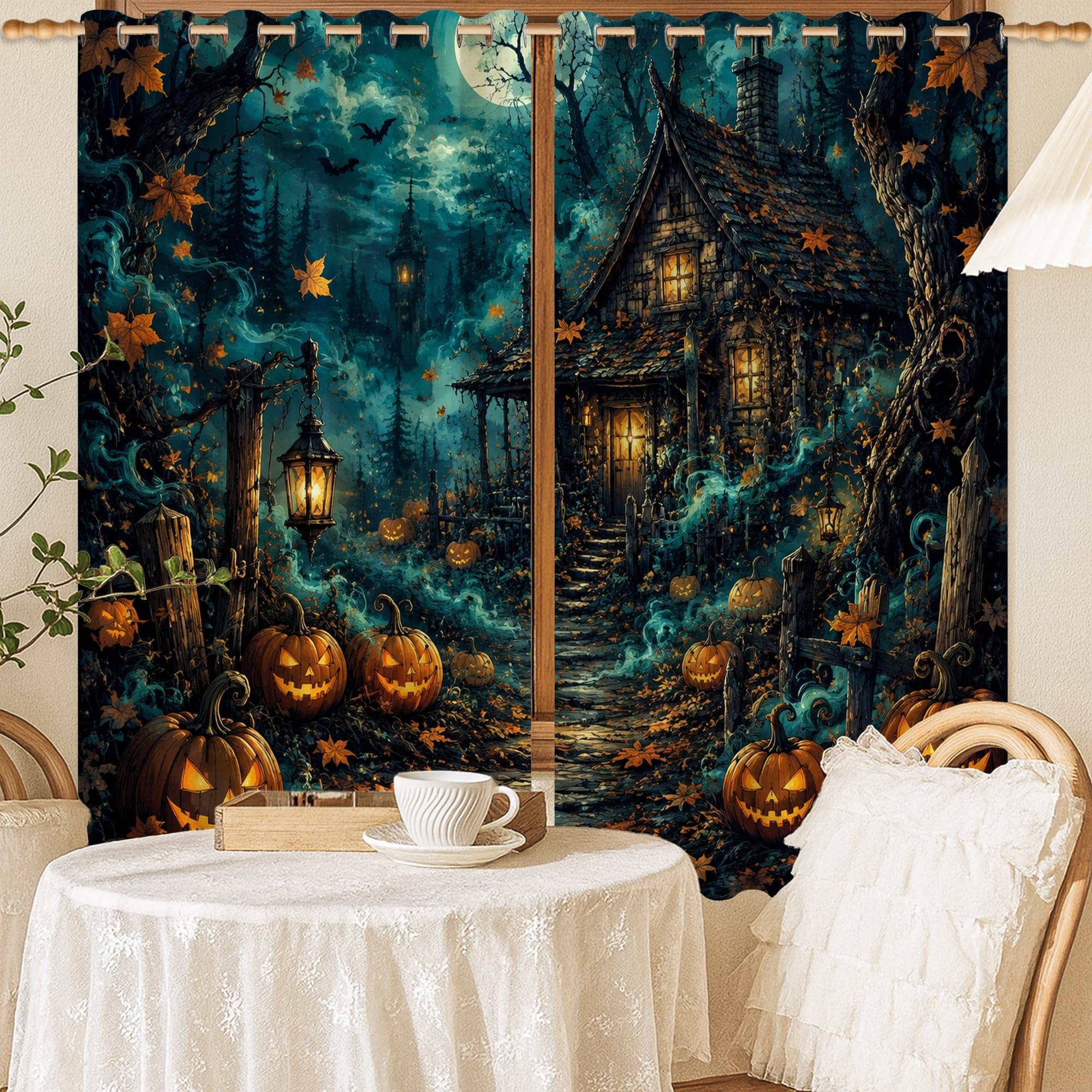 Rideaux occultants gothiques citrouilles orange 132x137cm pour salon