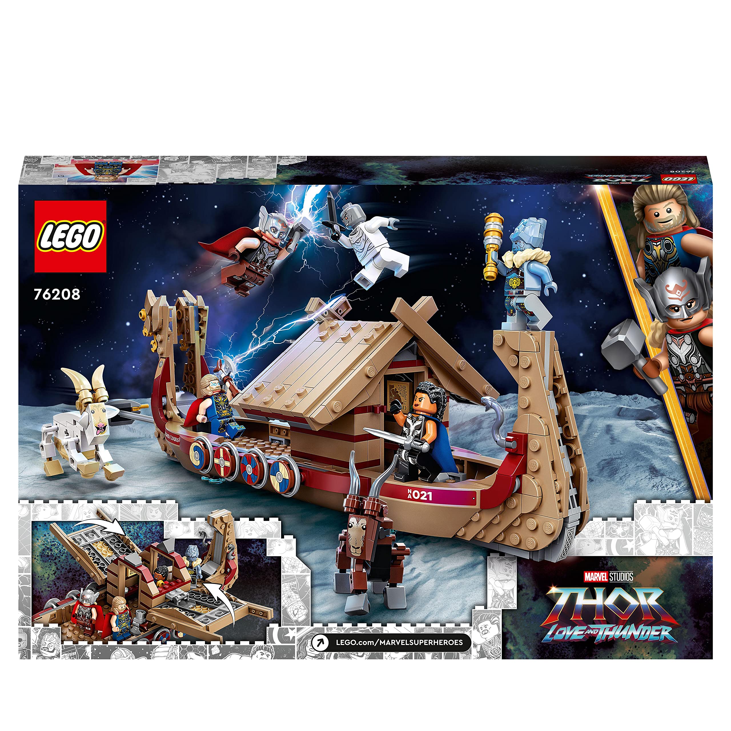 LEGO 76208 Marvel Barco Caprino, Juguete de Construcción, Cabras y Stormbreaker, Película Love and Thunder, Reyes, para Niños de 8 Años