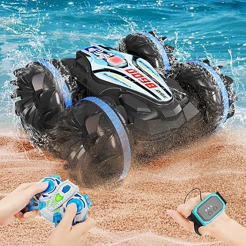 Xynzzeu Coche de control remoto anfibio, 4WD todo terreno gesto RC autos para niños de 6 a 12 años de edad, barco de control remoto impermeable para