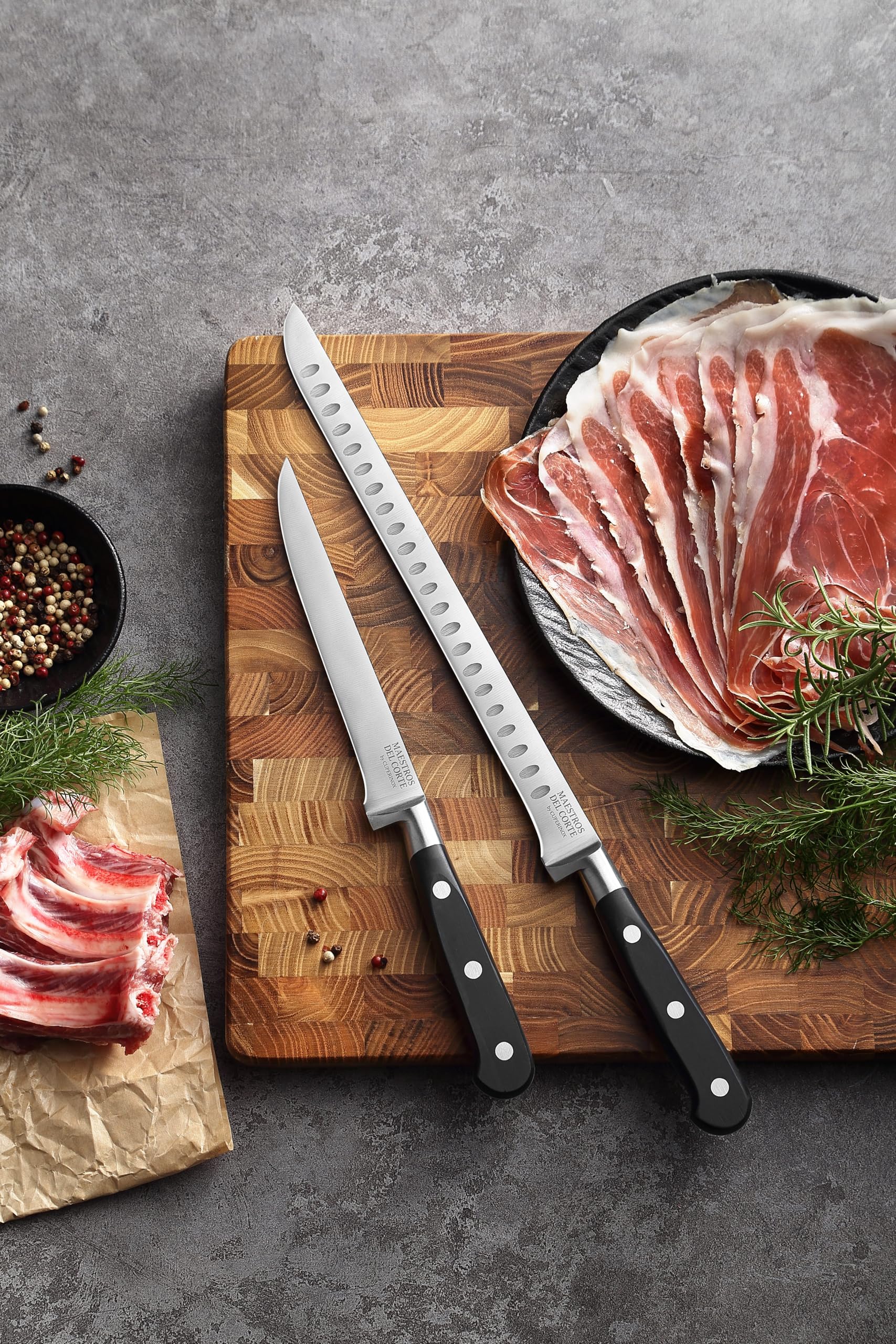 Set Cuchillo Jamonero+ Deshuesador Profesional Forjado 2 Piezas | Cuchillo Jamonero Alveolado 25 cm y Deshuesador 15 cm |Corte Fino y Equilibrado | Aptos para lavavajillas