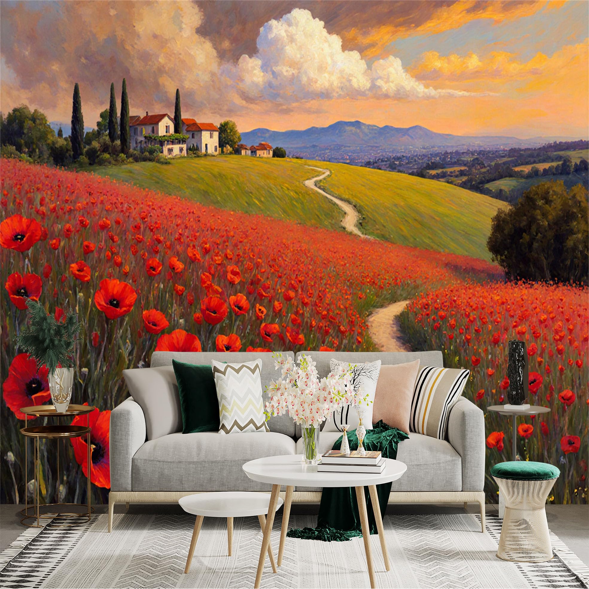 Custom Size Wall Sticker Mural， Red Floral Meadow， Rural Landscape， Countryside Villa， Scenic Winding Path， for wall Decoration， peelandstick wall Decals.