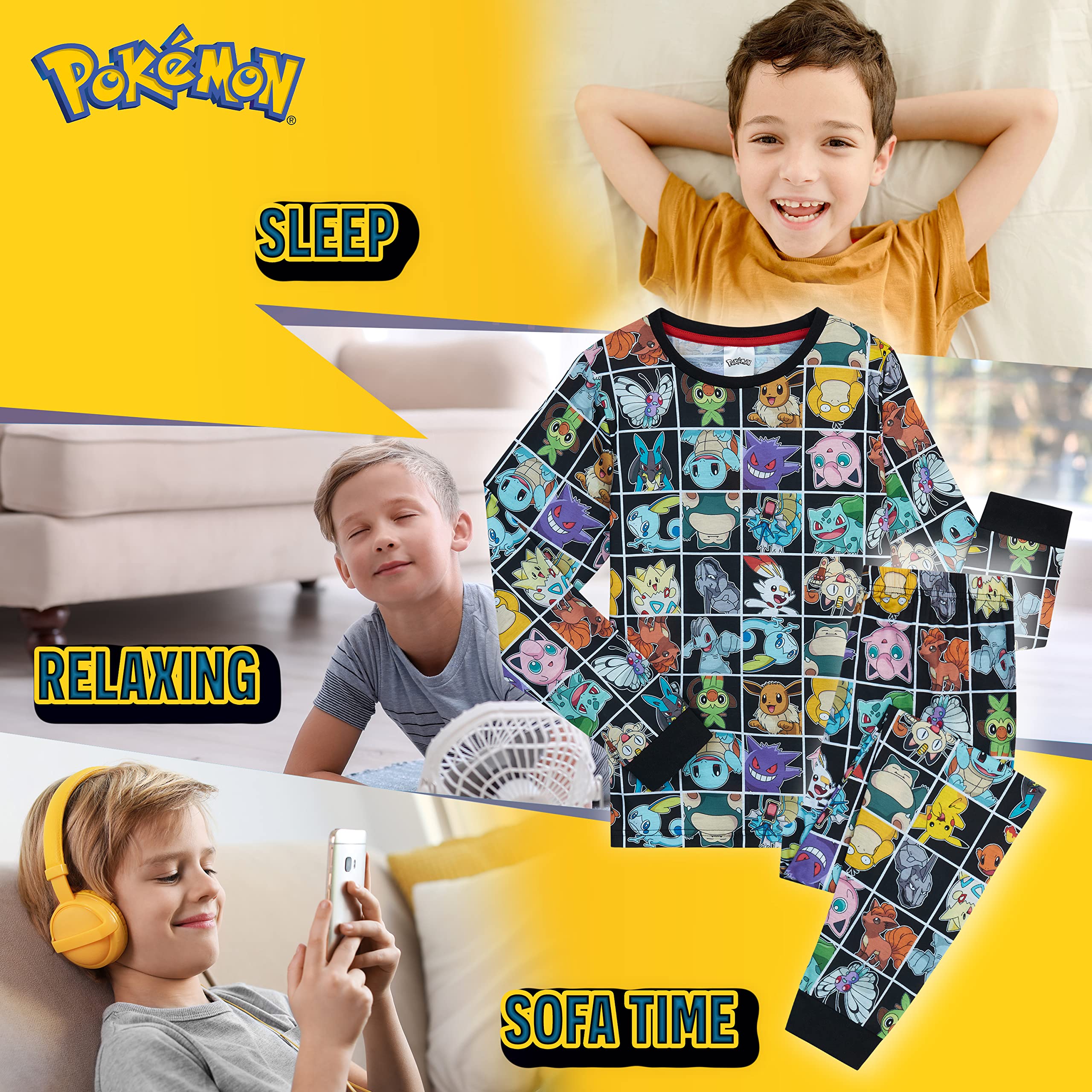 Pokémon Piżama dla chłopców, 2-częściowy zestaw piżam dziecięcych z Snorlax, Pikachu, Squirtle, Bulbasaur i Charmender, koszulka z długim rękawem, 100% bawełniana bielizna nocna dla dzieci, prezent dla chłopców, Czarny