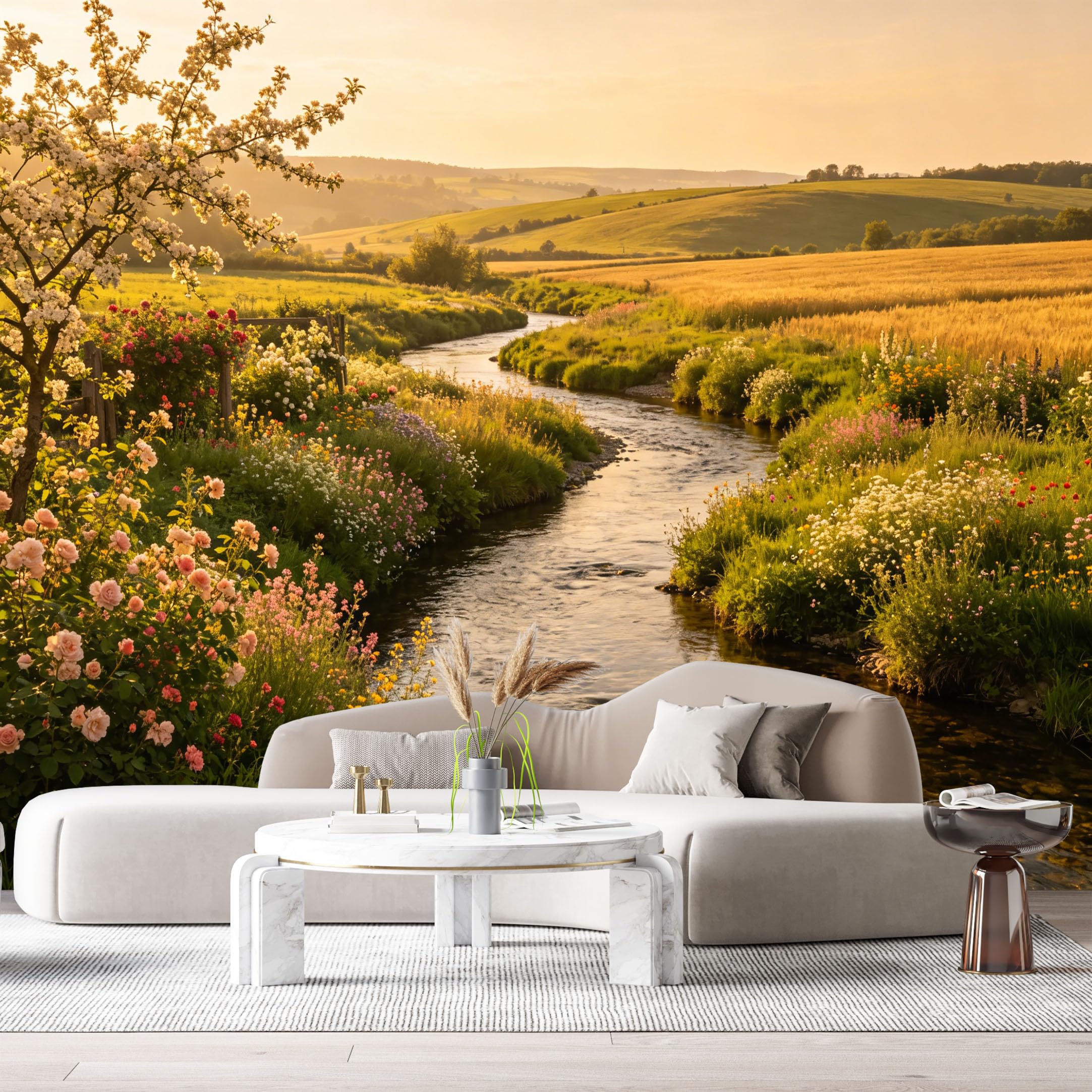 Custom Size Wall Murals Sunset River Landscape Oil Painting Wildflower Meadow Farmhouse SelfAdhesive Wall Fabric Removable Large Wallpaper for Photo Living Room