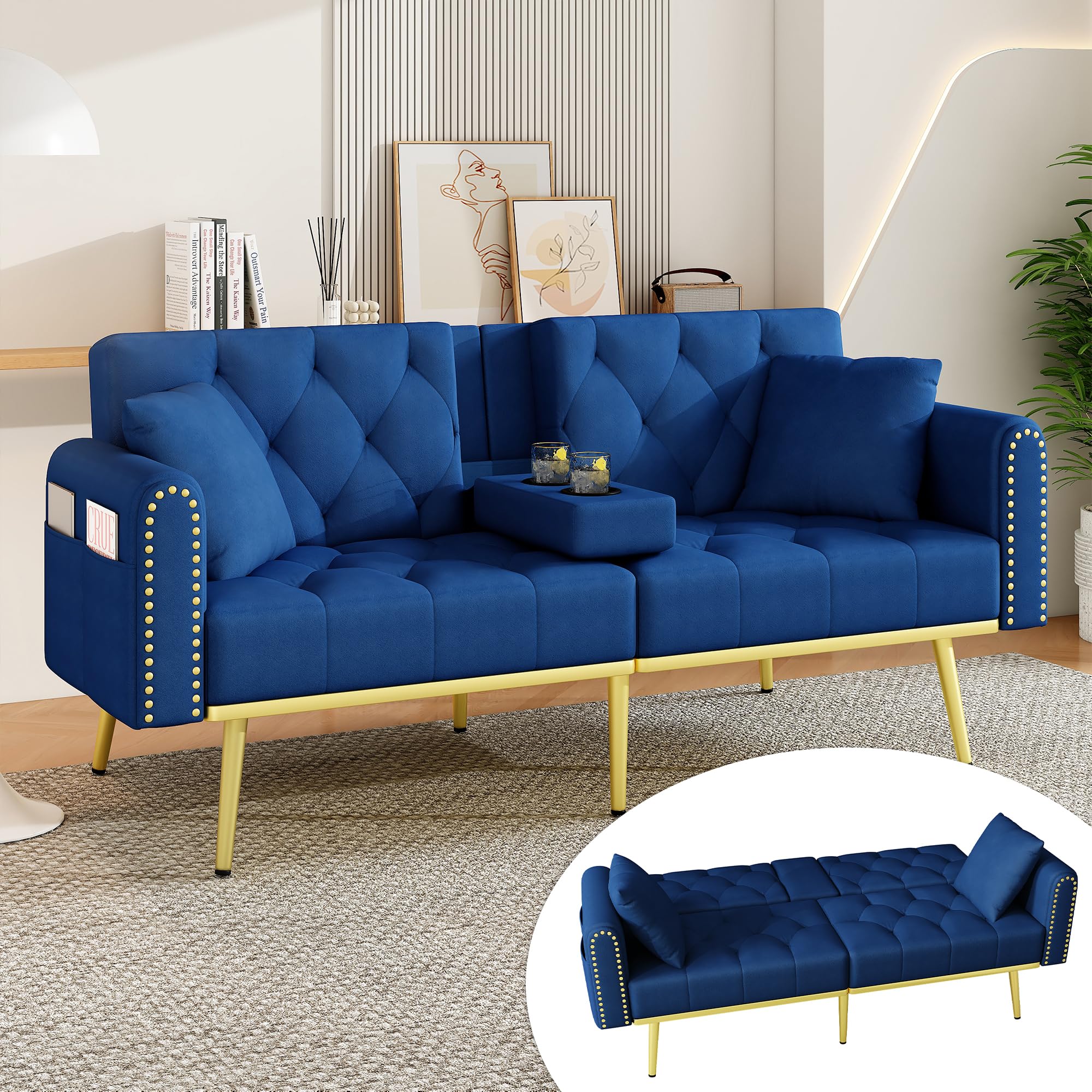SACOOL Sofá cama doble plegable con función reclinable, tres ángulos de inclinación ajustables, soporte para bebidas, funda de tela, color azul, adecuado para salón, dormitorio, cine en casa