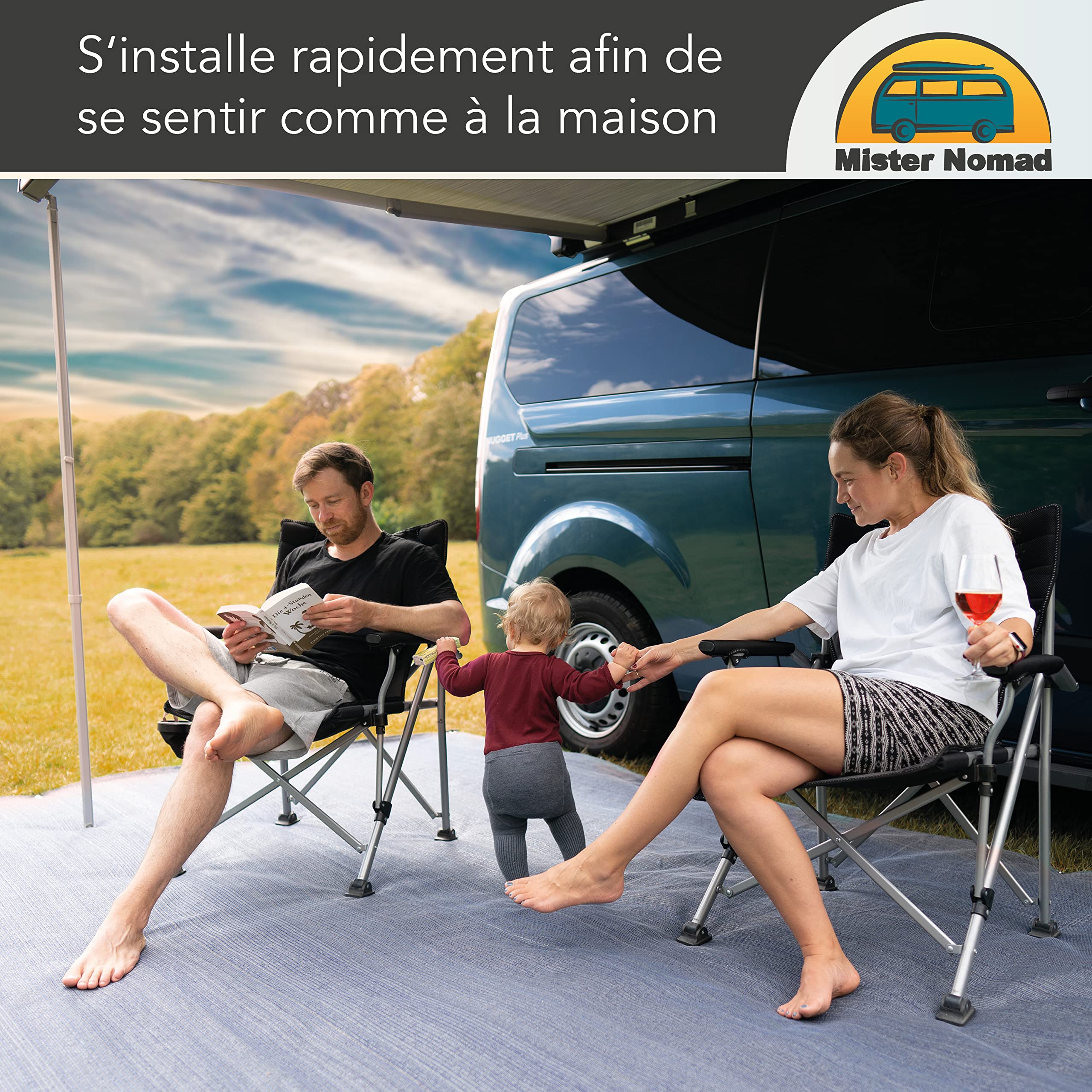 Mr Nomad Tapis Auvent Caravane 300 g/m² – Tapis de Camping Extérieur Respirant avec 4 Piquets en T, 12 Sardines en Acier et Sac