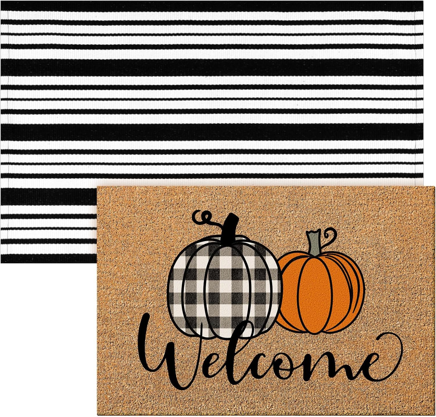 Duraaamo 2 Pcs Fall Coir Door Mat Outdoor Pumpkin Welcome Doormat Fall Layered Buffalo Black and White Strip Rug Outdoor Rug for Front Door Porch Entryway Decor