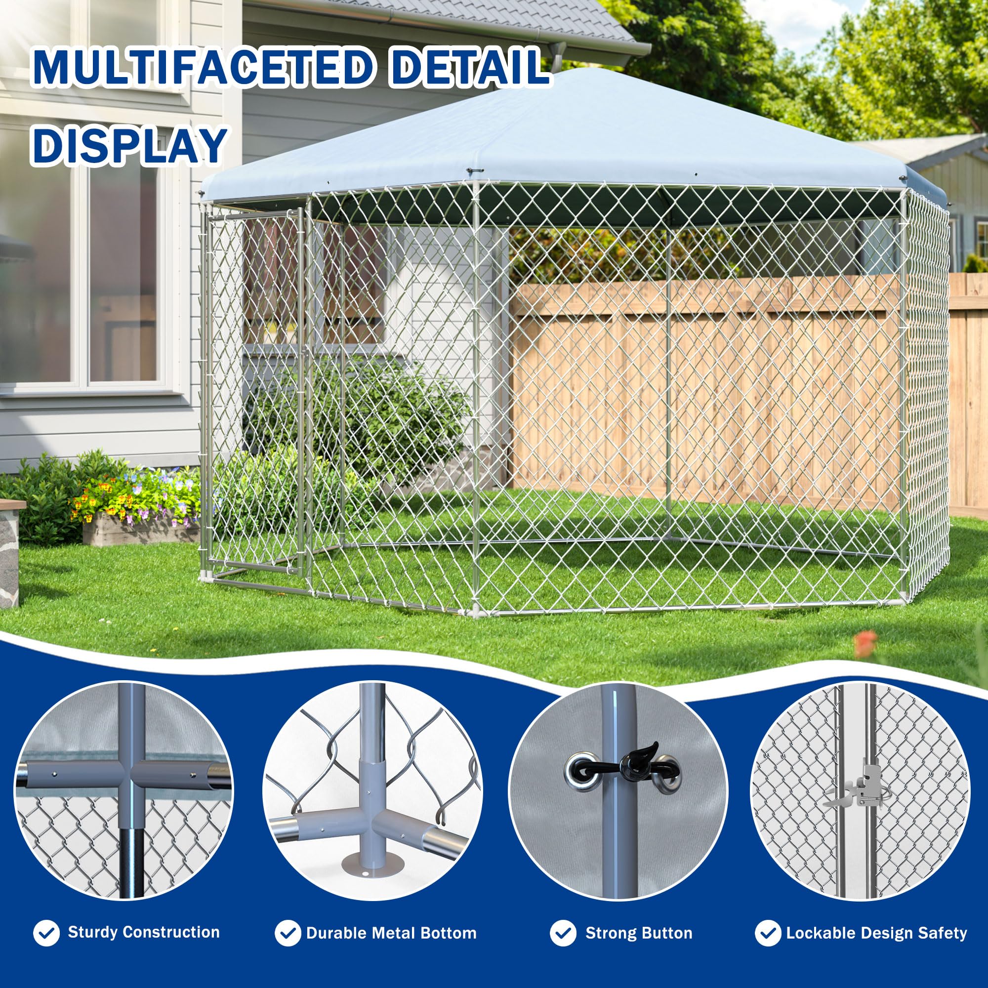 Polar Aurora Outdoor Dog Kennel With Roof,Large Dog Kennel Outside With Metal Gate,Heavy Duty Chain Link With Secure Lock For Backyard.(13.3x13.3x8.8 FT