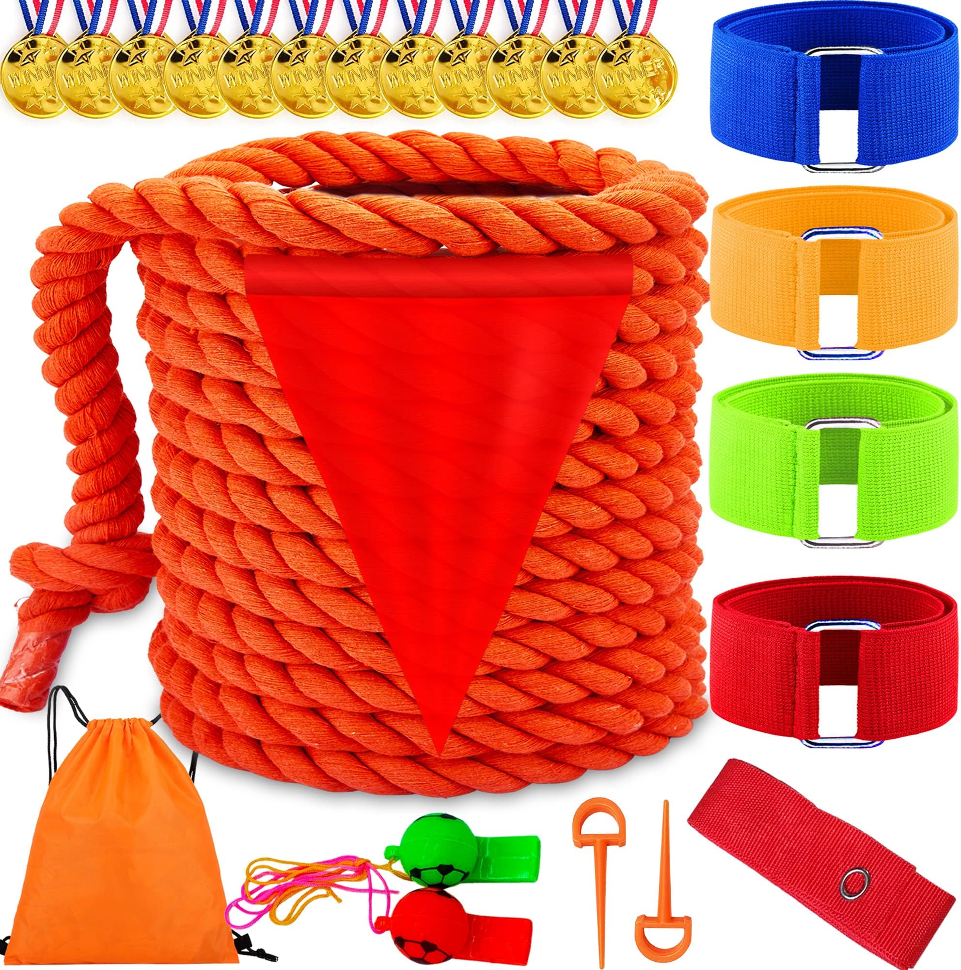Lubibi Sports Days Kit,20ft Tug Of War Rope Kit With Three-legged Race Band Whistles Medals Marking Line Carry Bag, Outdoor Play Sports Day Family Party Beach Party Game For Kids Adults