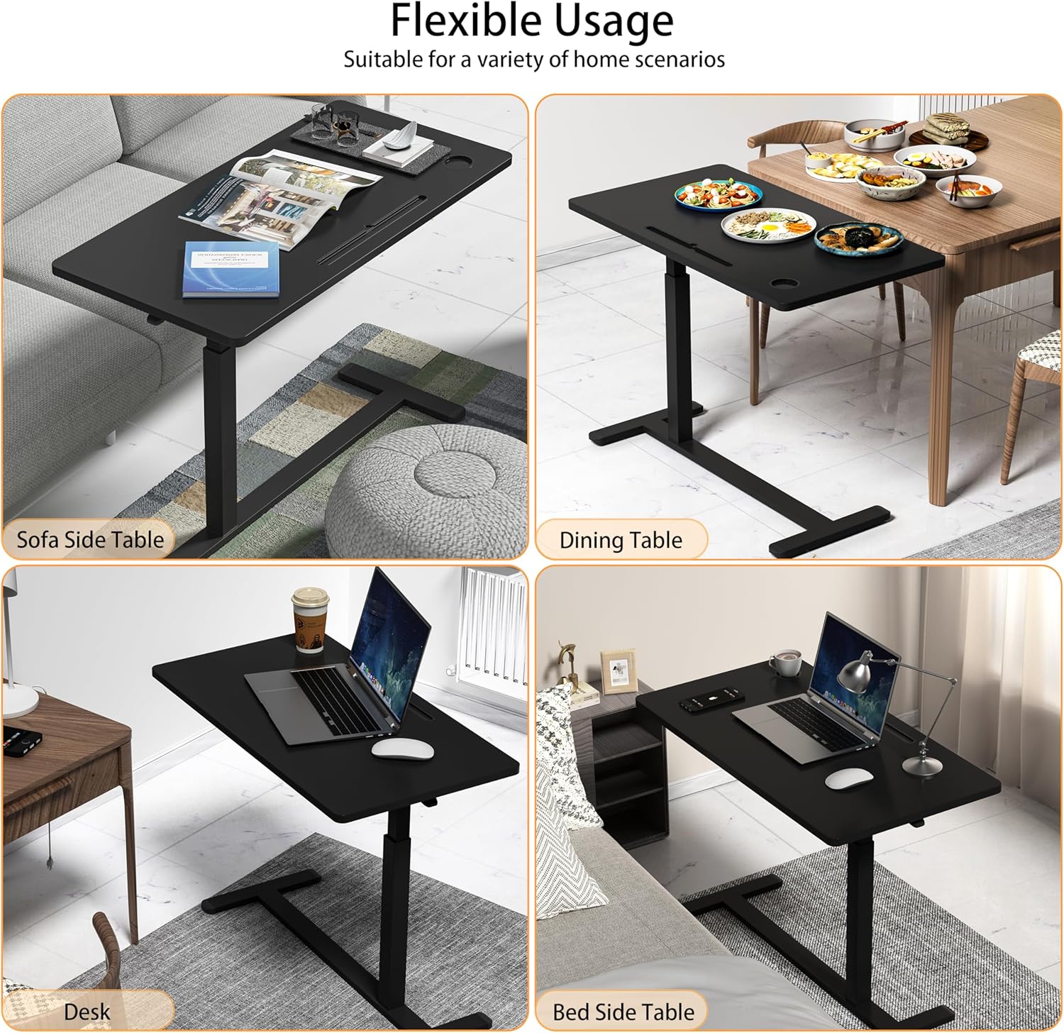 Home Office Desks Height Adjustable with 360° Moveable Hidden Wheels,Multifunctional Pneumatic Laptop Desk Suitable for Sofa、Bedside、Study and Work Use,Black