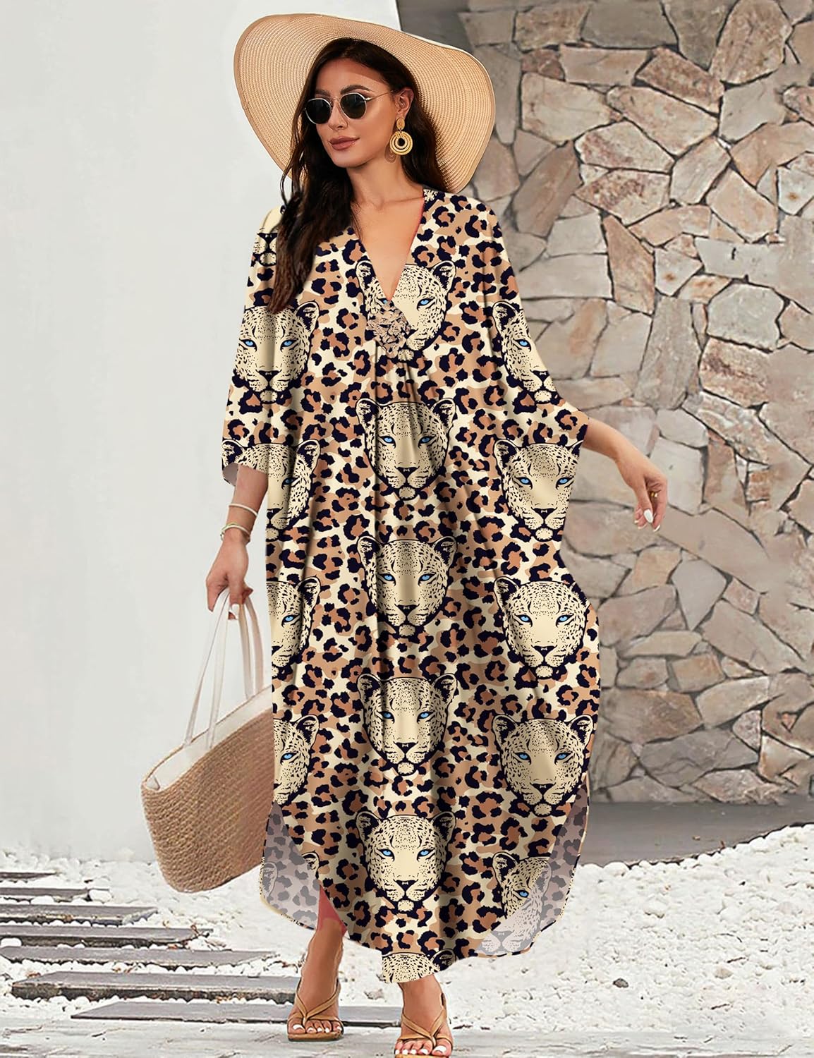 MAKABO Kaftan Dresses for Women, V Neck Moo Moos Colorful Print Cover Ups Caftan Beach Dresses for Swimwear - Image 3