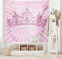 Vista 2 de Ambesonne Tapiz de reina con temática de corona de dibujos animados en forma de corazón rosa sobre fondo radial, decoración romántica para colgar
