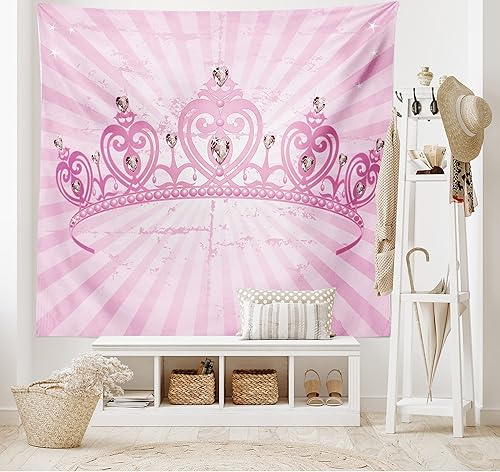 Vista 2 de Ambesonne Tapiz de reina con temática de corona de dibujos animados en forma de corazón rosa sobre fondo radial, decoración romántica para colgar