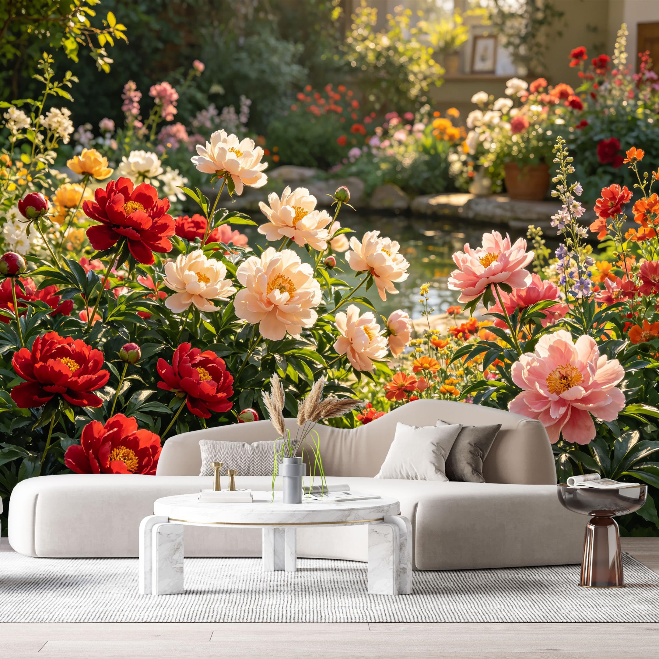 Custom Size Wall Murals Botanical Garden Peony Flowers Watercolor Pond Landscape SelfAdhesive Wall Fabric Removable Large Wallpaper for Photo Living Room Interior