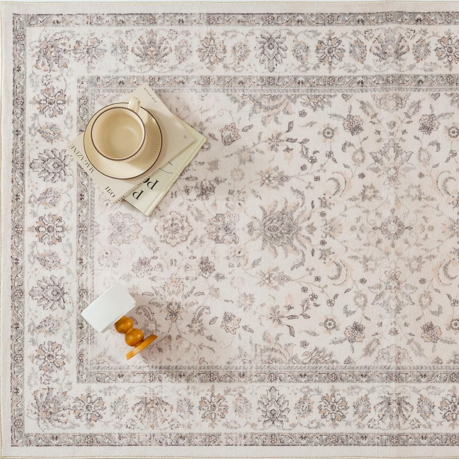 PureCozy 3x5 Area Rug Beige Washable Entryway Vintage Carpet Office Small Non Slip Stain Soft Resistant Low Pile Thin Boho Accent Indoor Throw Rug for Laundry Kitchen Bathroom Entrance Bedroom