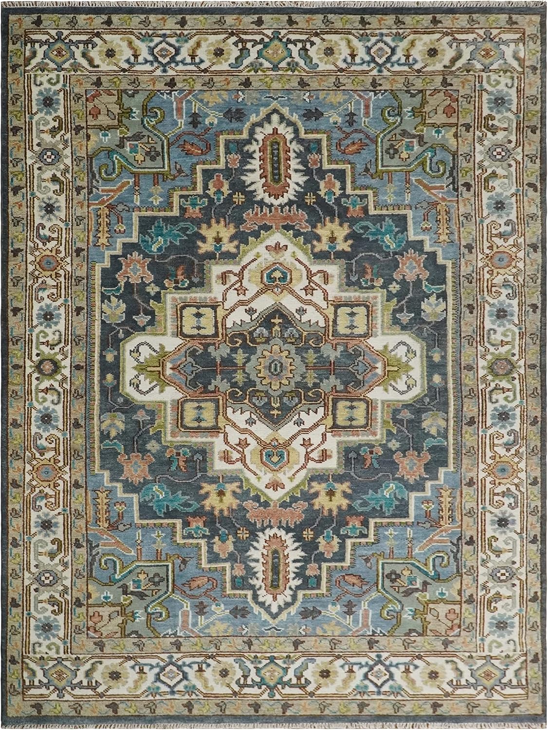 Hand Knotted Ivory and Blue Antique wool Area Rug CP751