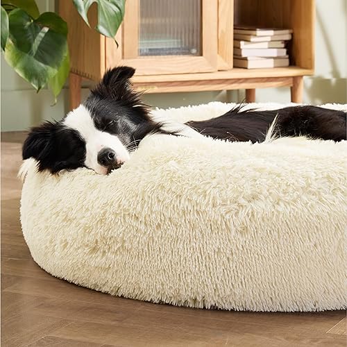 Vista 189 de Bedsure - Cama relajante para perros medianos, lavable, tipo dona, cama para gato, antideslizante, redonda, afelpada, mullida, de piel sintética