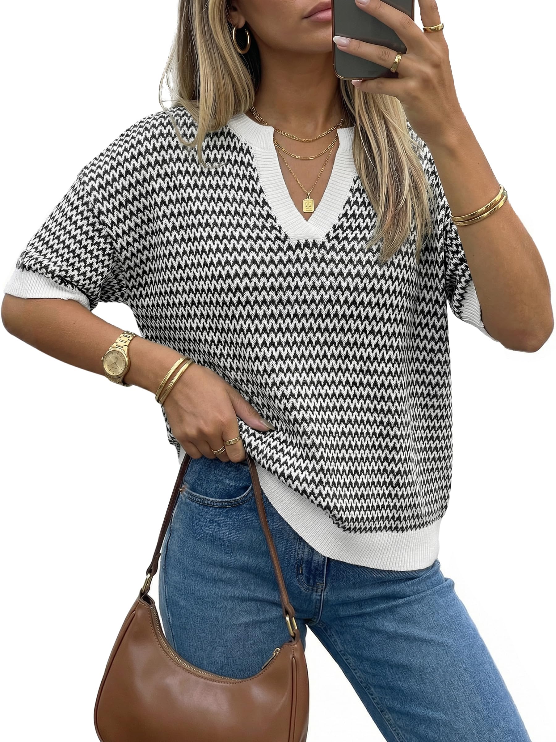 arach&cloz Women's 100% Cotton Polo V Neck Striped Short Sleeve Spring Casual Pullover Sweaters 2026-picture-24