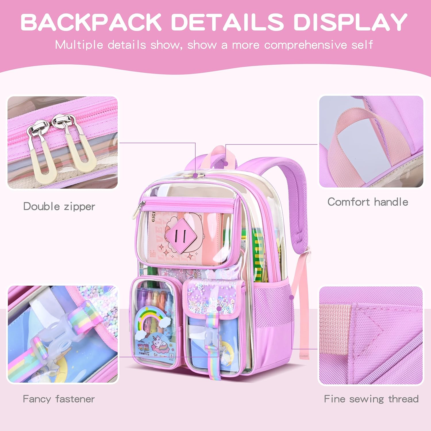 girl transparent casual rucksack,women's water-proof light packsack,pink junior high school, high school and college schoolbag,Suitable for 15.6-inch computer backpack. - Image 3