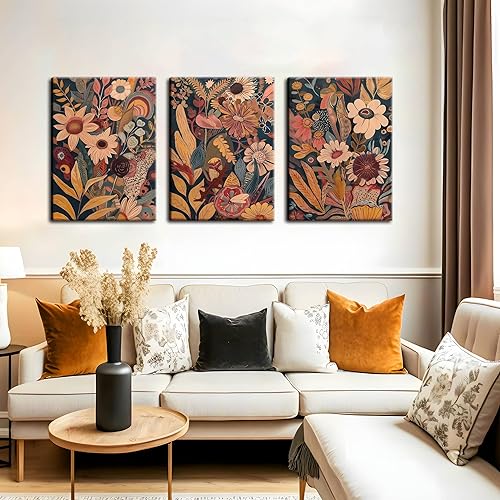 Miniatura 2 de 3 piezas de arte de pared en lienzo bohemio moderno de mediados de siglo, cuadros bohemios naranjas, pinturas florales botánicas bohemias,