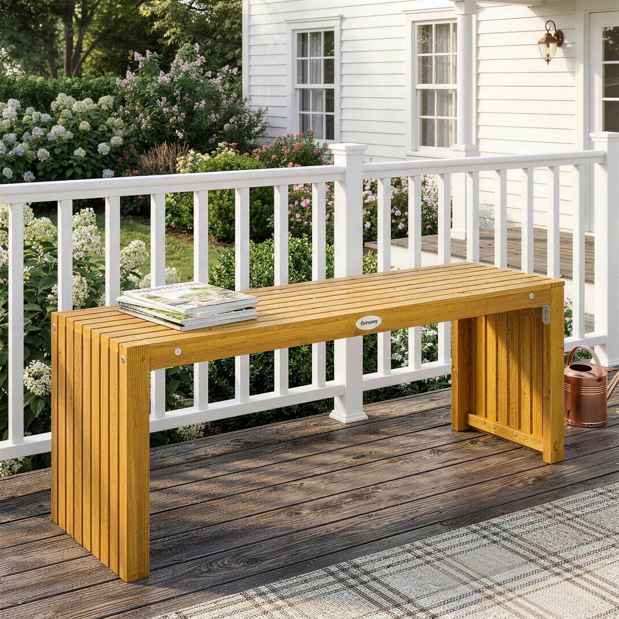 Outsunny Banc de Jardin en Bois d'Acacia, Banc d'Extérieur sans Dossier 2 Places avec Assise à Lattes Effet Bois, Charge 240 kg, 110x30x45cm, Bois Naturel