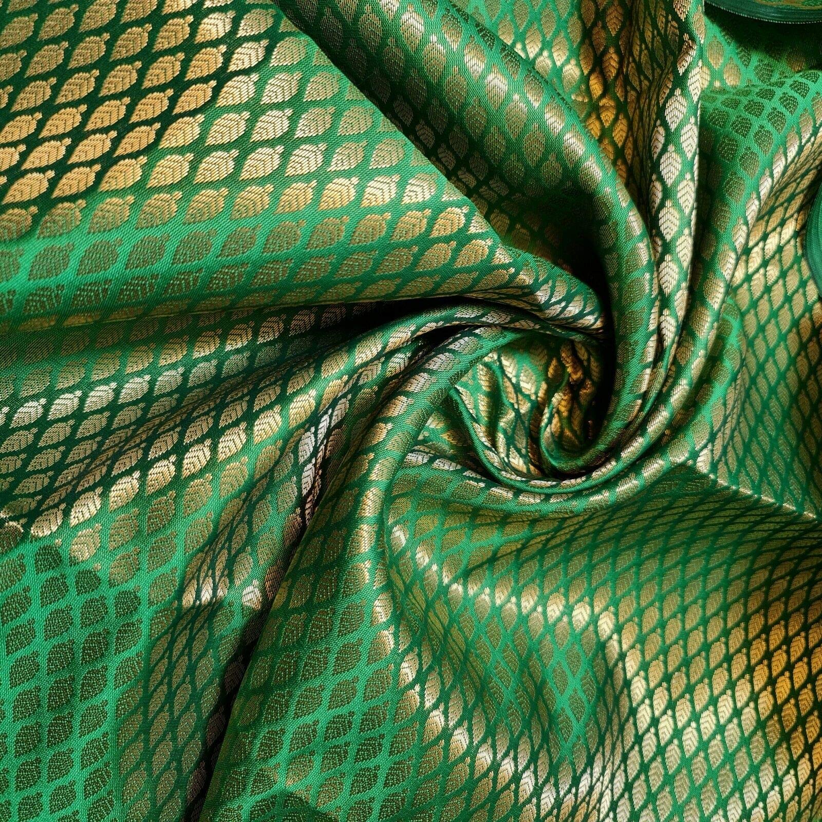 Ditsy Gold Leaf Print Brocade Floral Jacquard Print Indian Banarasi Fabric 44" (Pre cut 1 Meter - Emerald Green)