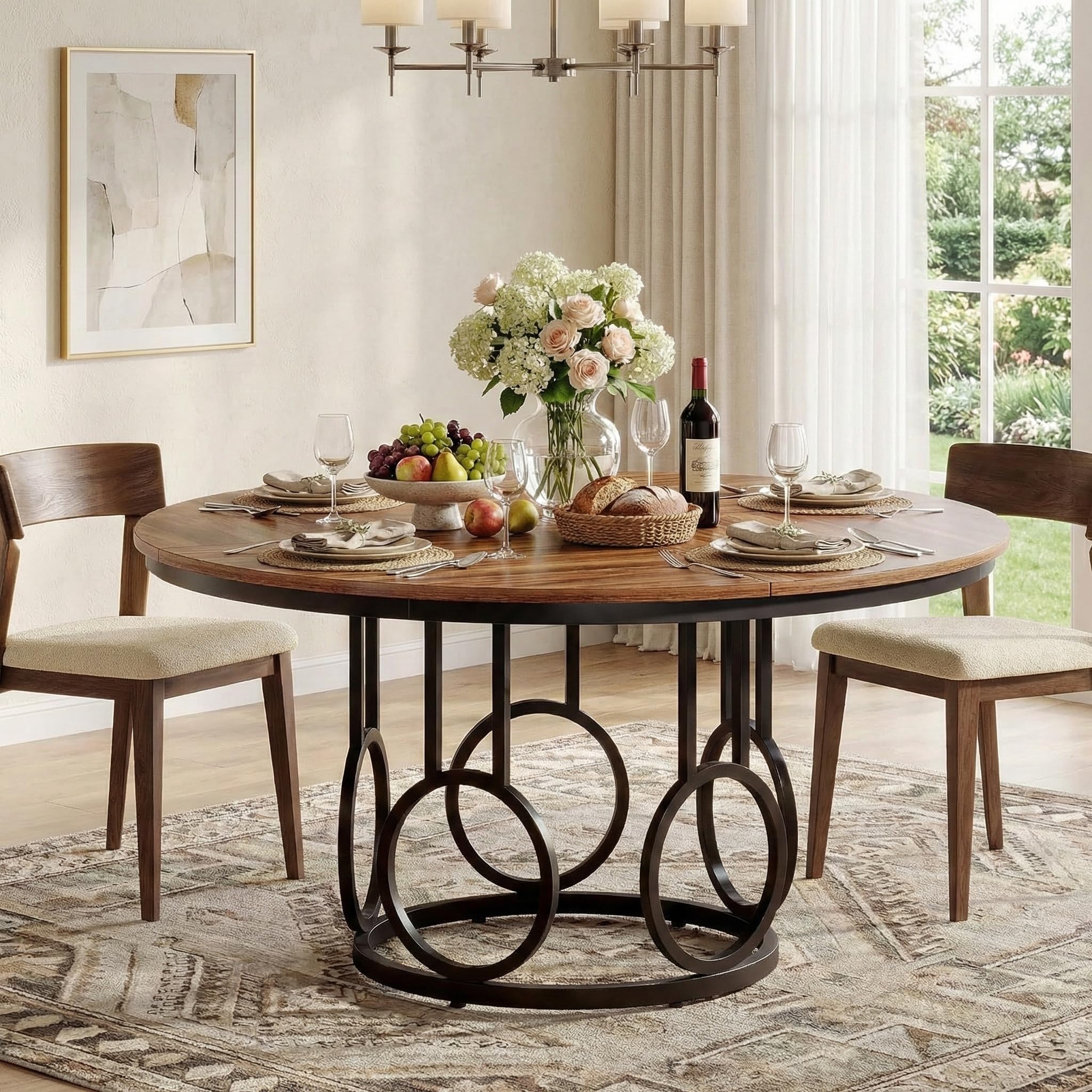 Lailang 120cm Mesa Comedor, Mesa Cocina Redonda, Mesa de Jantar Redonda, Muebles Rusticos, Mesa Redonda para 4 Personas, Mesa Comedor 120, 120 x 120 x 75 cm, Brown & Black
