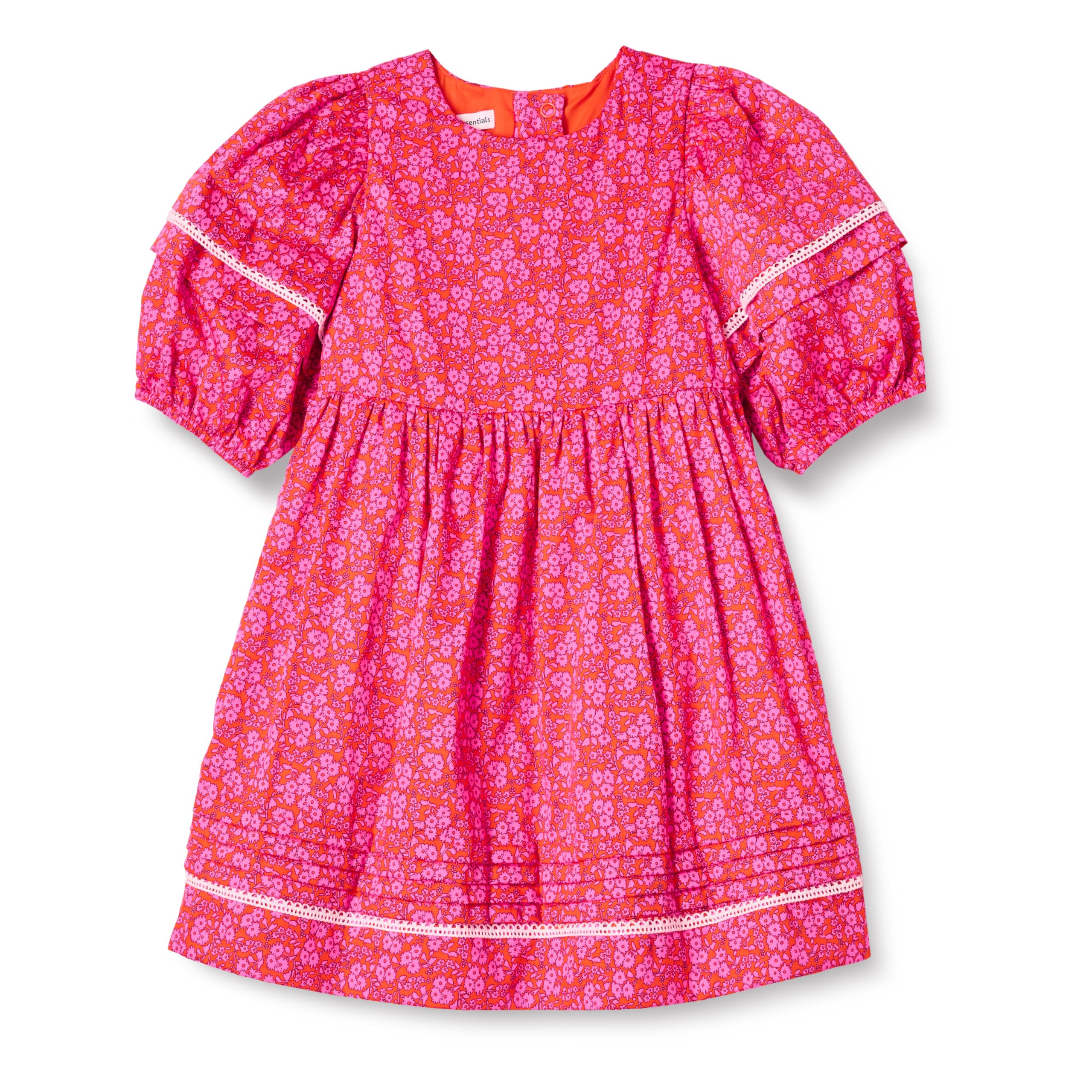 Amazon Essentials Girls' 100% Cotton Puff-Sleeve Fit & Flare Dress, Hot Pink Posey Floral, X-Small