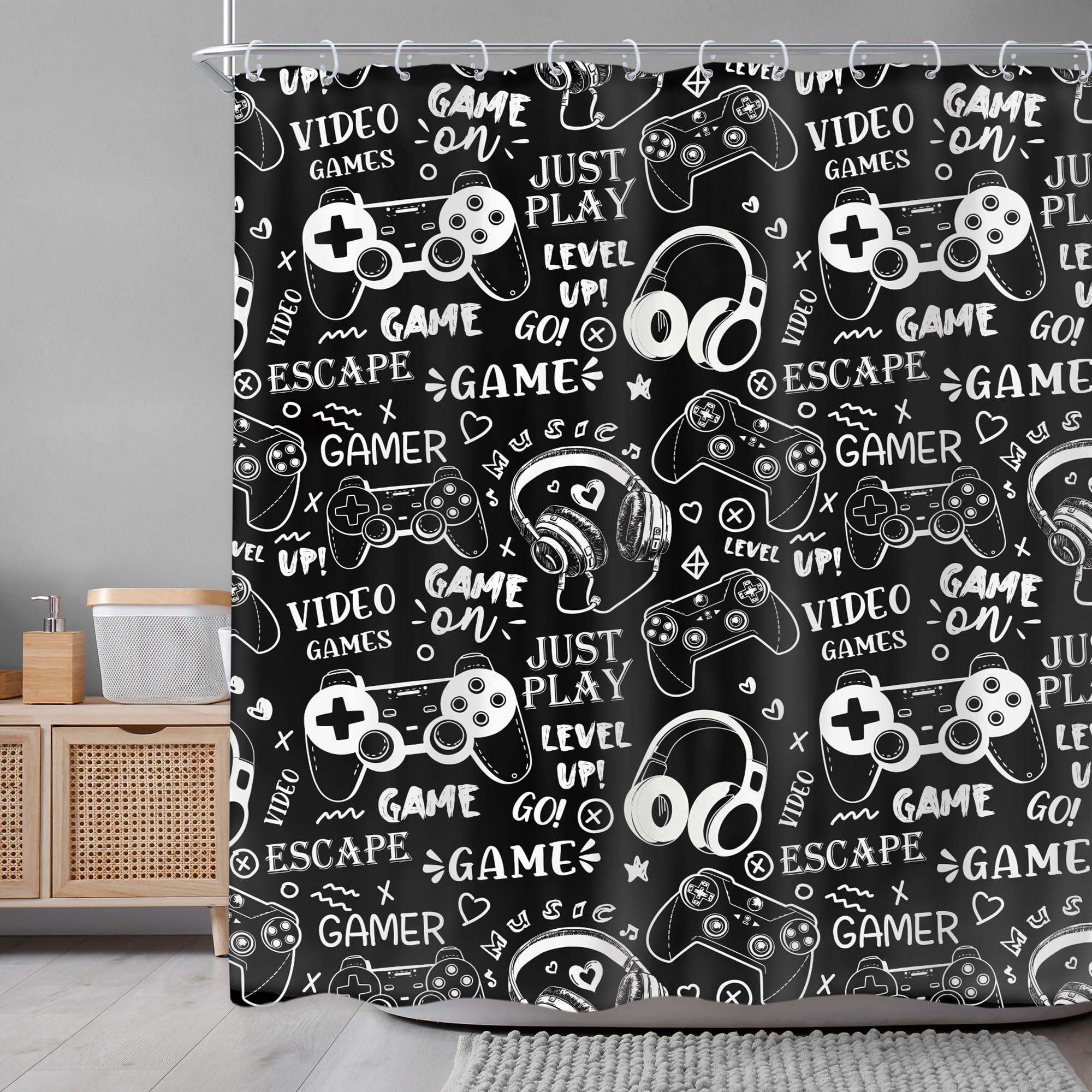 Newsely Boys Gamer Shower Curtain 72Wx72H Inch Video Games Teens Kids Black White Graffiti Gamepad Gaming Controller Shower Curtain Bathroom Set Cool