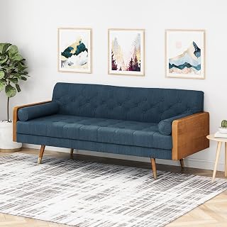 Aidan Mid Century Modern Tufted Fabric Sofa, Upholstered Sofa with Button-Tufted Waffle Stitch for Living Room, Mid-Century Modern Design, Navy Blue