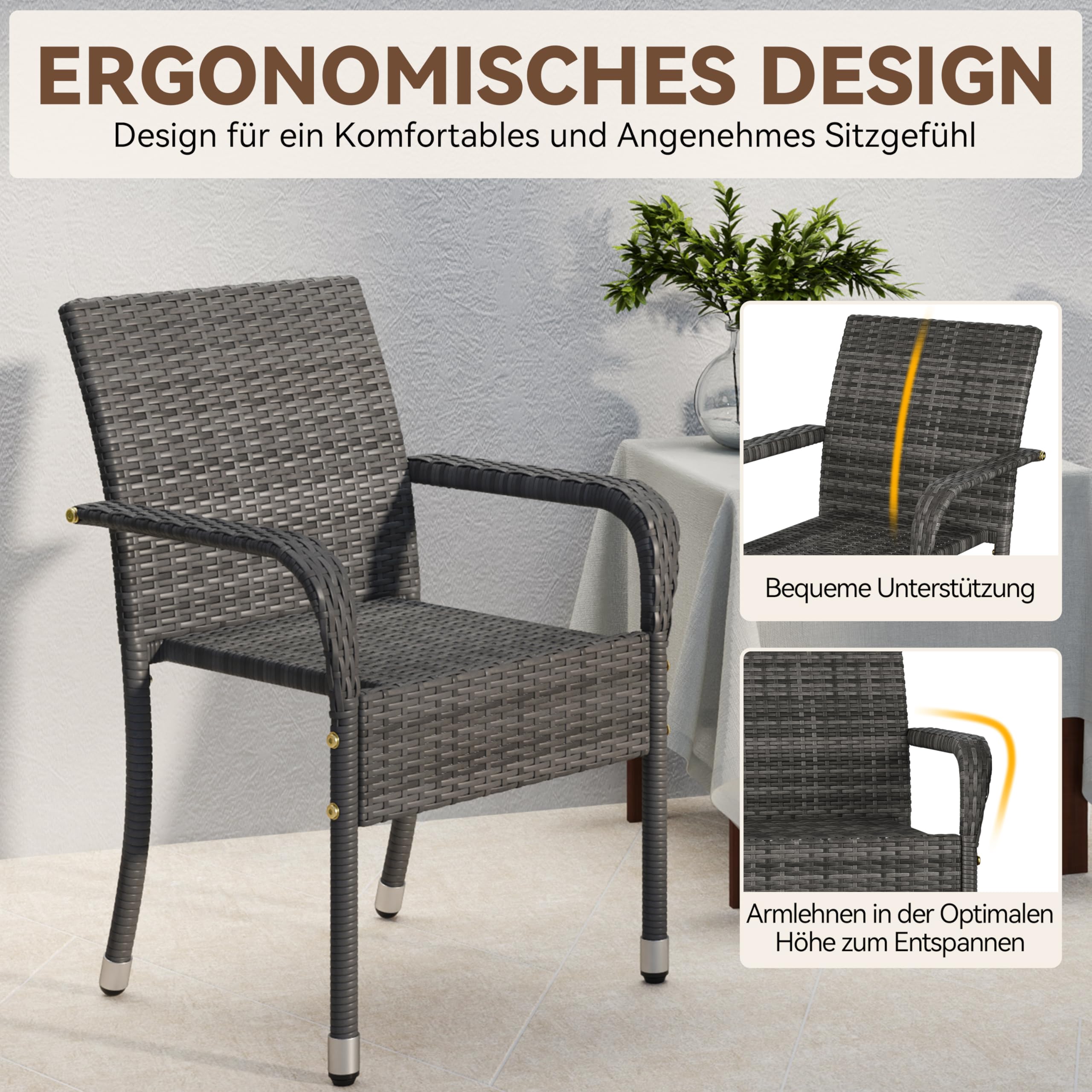 Yaheetech Set di 2 Sedie Impilabili in Rattan Sedia da Giardino con Braccioli Piedini Regolabili e Schienale per Giardino Balcone PatioTerrazza Grigio