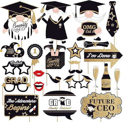 KatchOn, Gnomos - Accesorios para cabina de fotos de graduación 2024  Paquete de 25  Accesorios de fotos de graduación negros y dorados 2025 para
